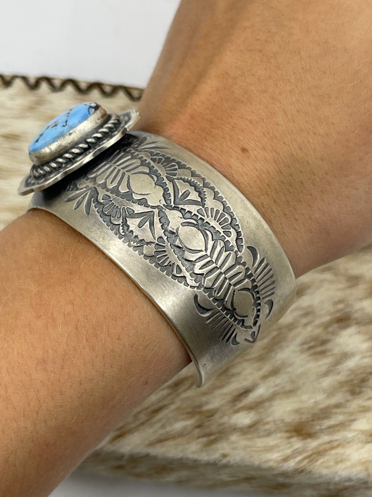 6 1/4"-7" Golden Hills Turquoise Bracelet by Boyd J. Ashley, Navajo