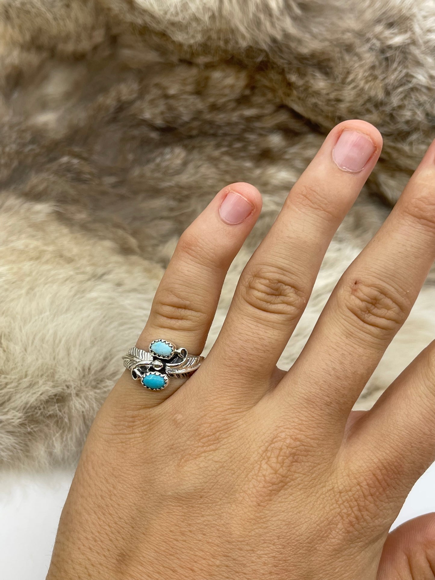 8.0 2 Stone Turquoise Ring with Feathers by Charles B. Yazzie, Navajo