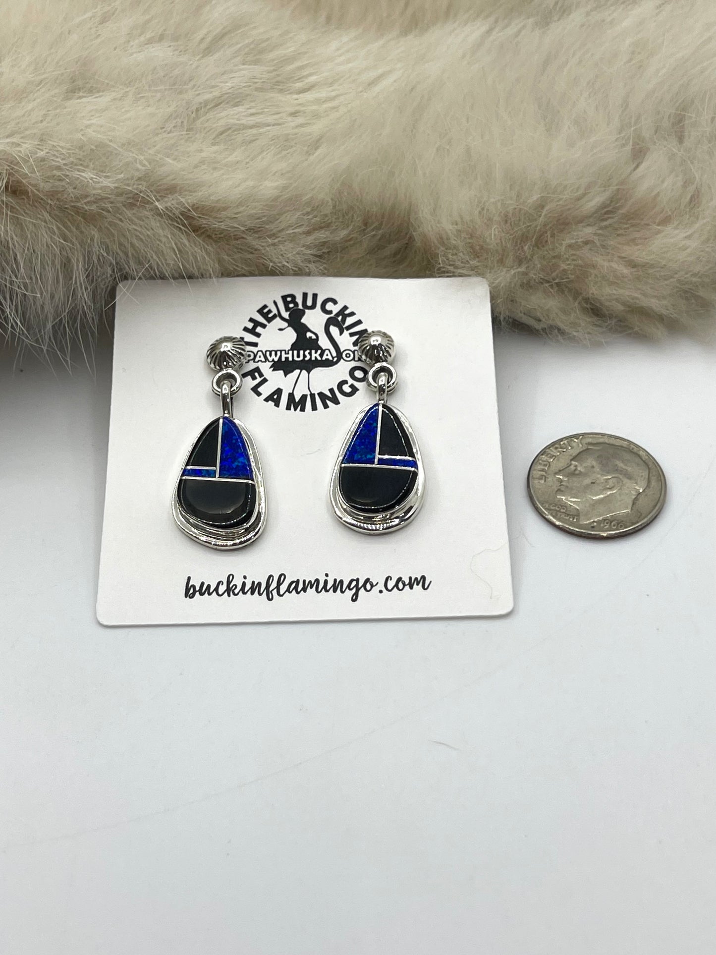 Blue Opal and Onyx Earrings by James Manygoats, Navajo