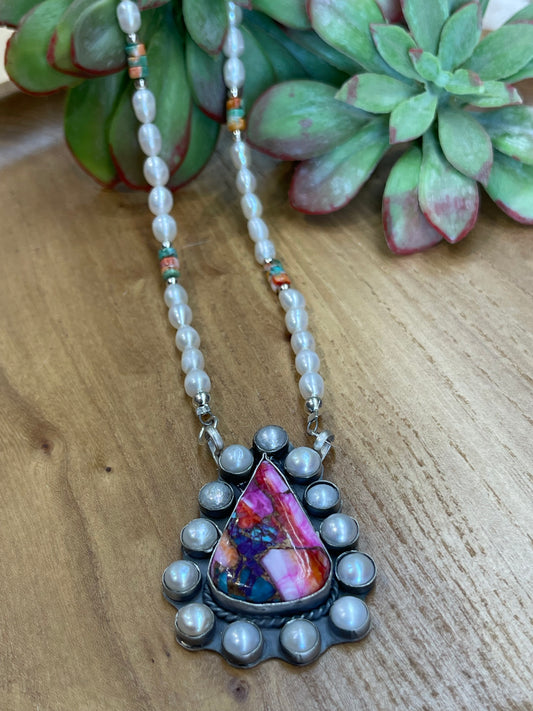 18" Pink Dahlia Necklace with Fresh Water Pearls by TT, Navajo