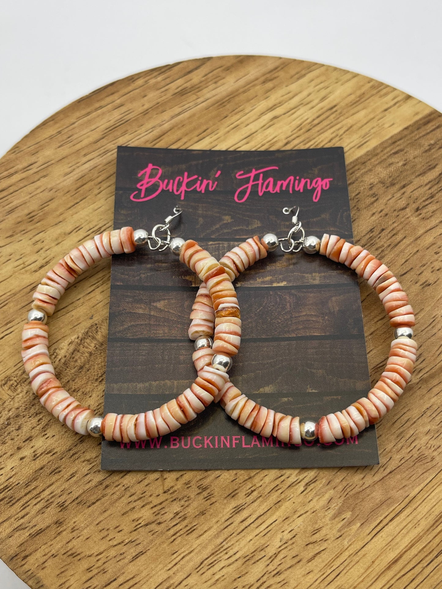 Pink Conch Shell and Silver Pearls Dangle Hoop Earrings, Santo Domingo