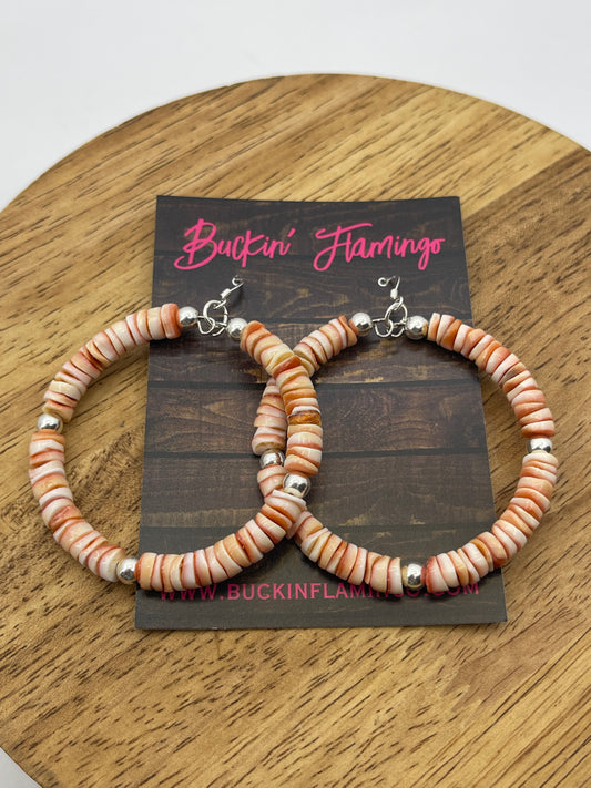 Pink Conch Shell and Silver Pearls Dangle Hoop Earrings, Santo Domingo