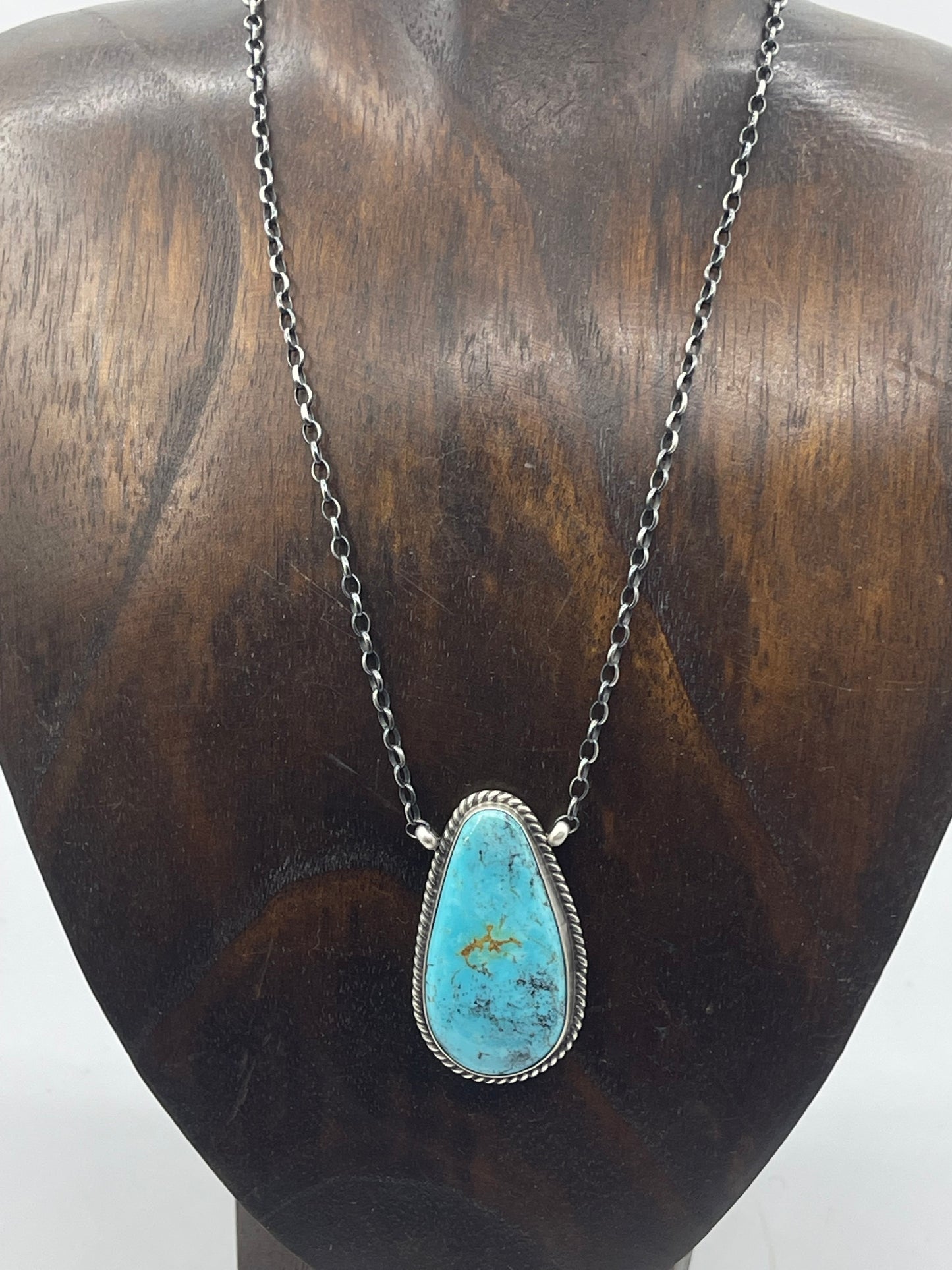 16" Kingman Turquoise Teardrop Necklace by Johnny Dixon, Navajo (Matrix Varies)