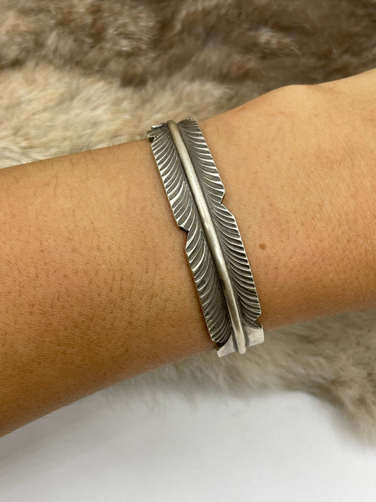 6”-6.5” Silver Feather Cuff by Chris Charley, Navajo