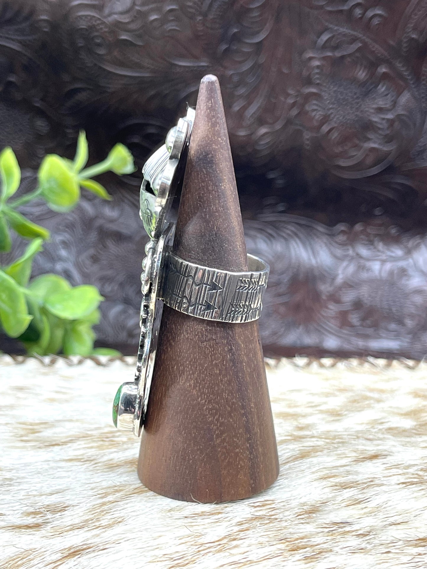 8.0 Maiden Face Ring with Sonoran Gold Stone by Alex Sanchez, Navajo