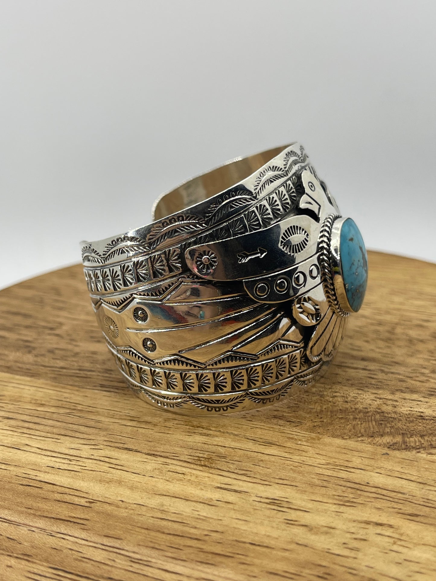 Thunderbird Cuff w/Turquoise by Evelyn BaHe, Navajo
