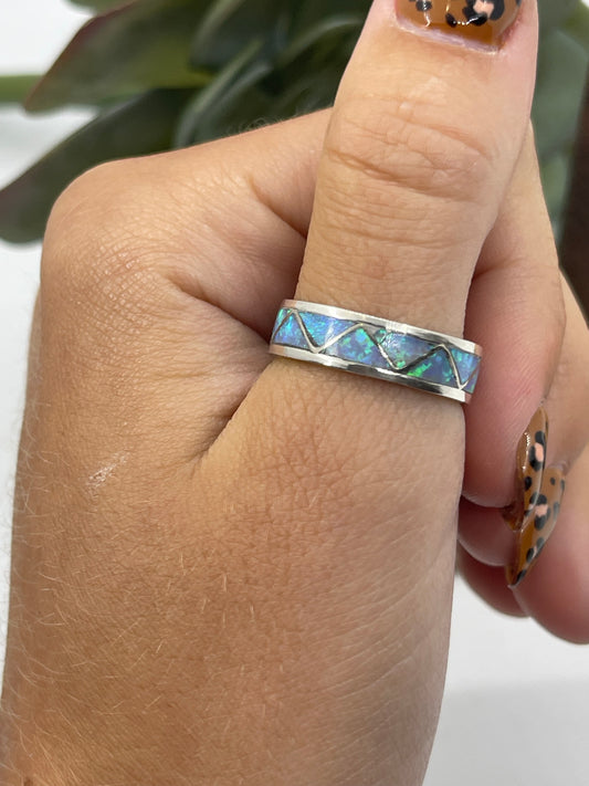 7.5 Inlay Opal Zig Zag Ring by Roger Morgan, Navajo