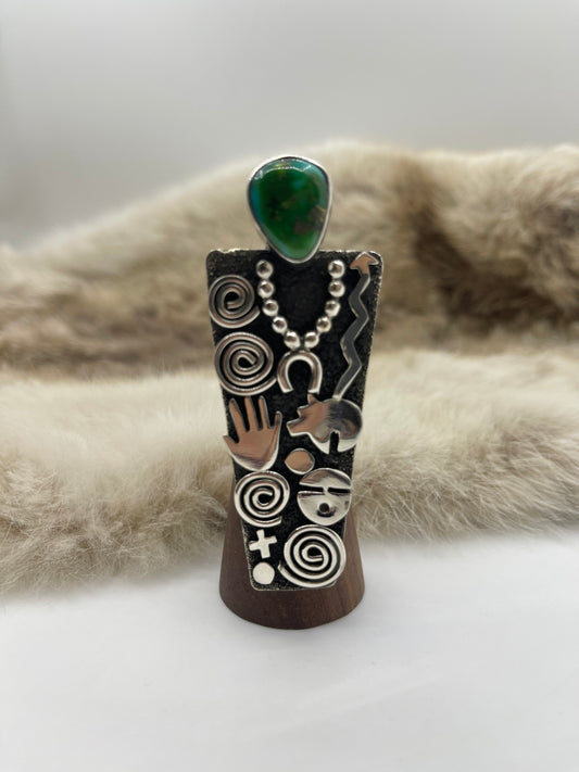 8.0 Royston Turquoise “Grandmother” Petroglyph Ring by Alex Sanchez, Navajo
