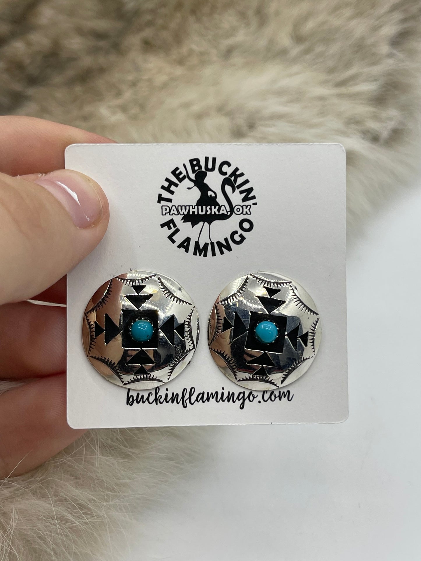 Circle Shadowbox Concho Earrings with Turquoise by Felix Perry, Navajo