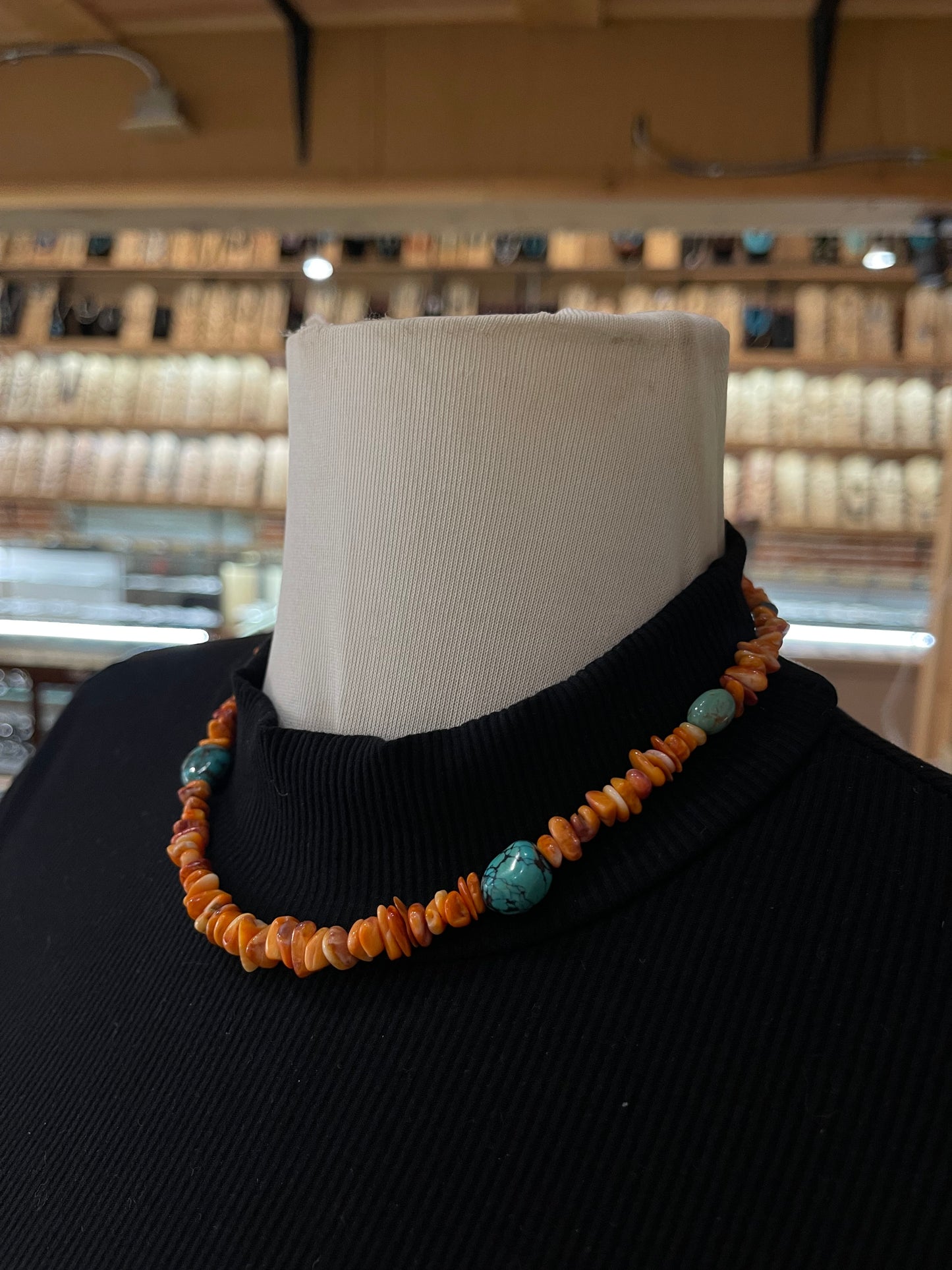 18" Orange Spiny Oyster Shell Nuggets and Turquoise Necklace by Tammy Nolcott, Navajo