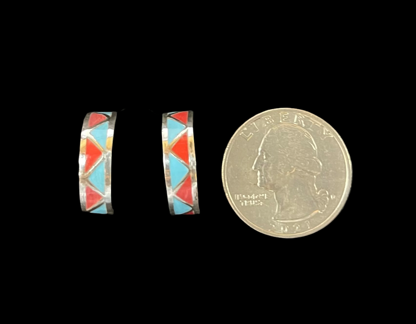 Sleeping Beauty Turquoise and Red Coral Inlay Half Hoop Post Earrings by Roger Morgan, Navajo