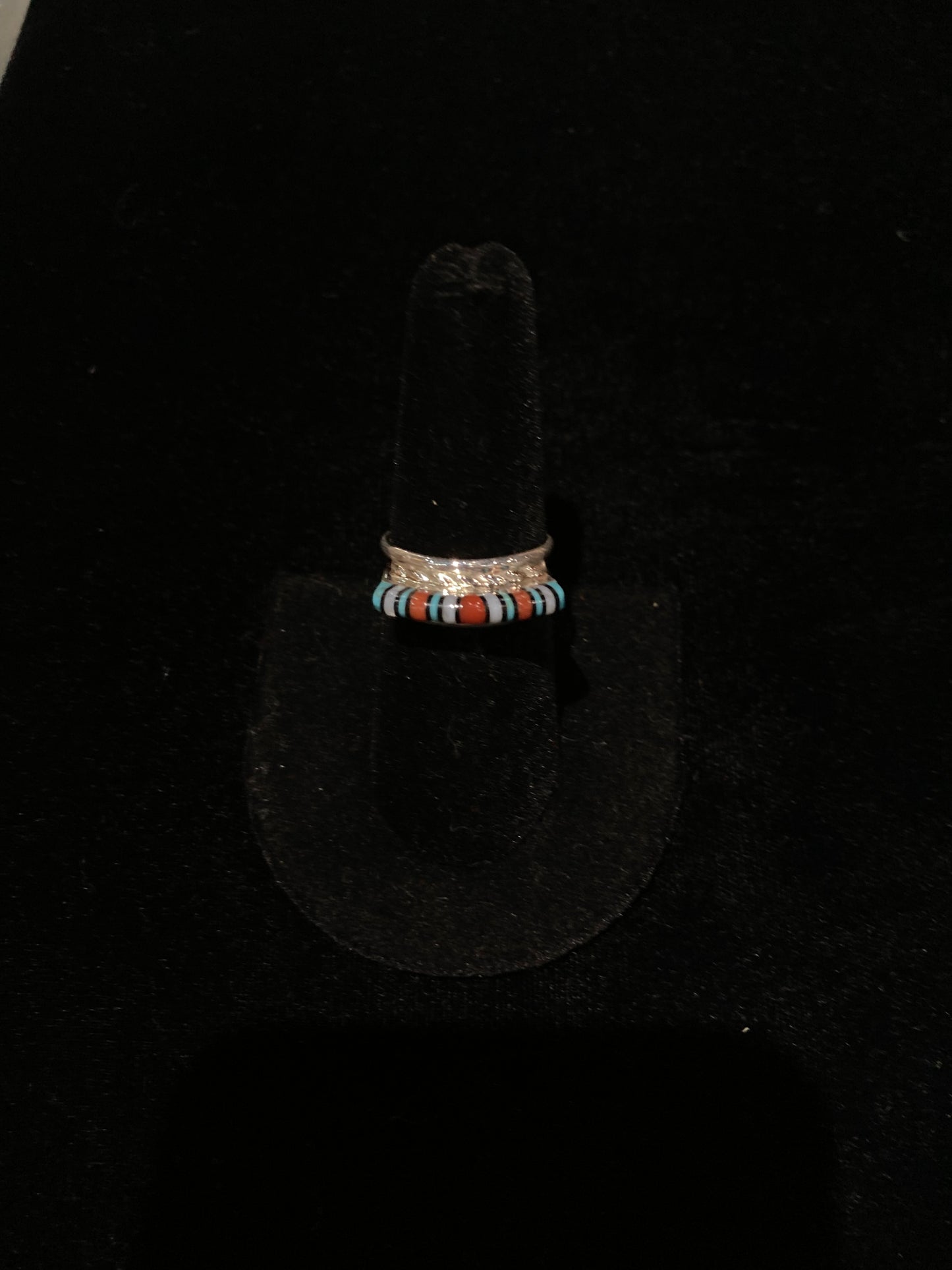 7.5 Coral, Black Onyx,Turquoise, and Pearl Ring by Victor Martza, Zuni