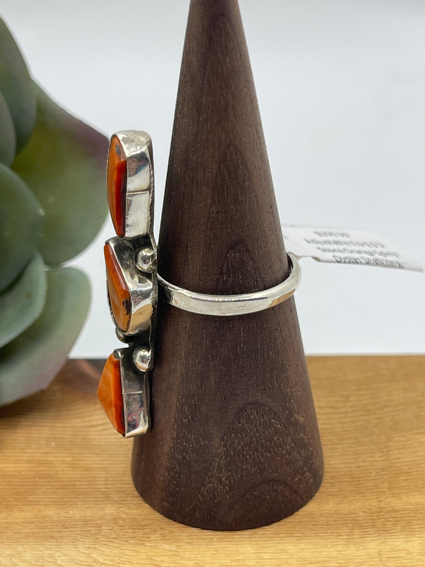 Adjustable 6.0-9.0 3 Stone Orange Spiny Oyster Shell Ring by Jude Candeleria, Zuni