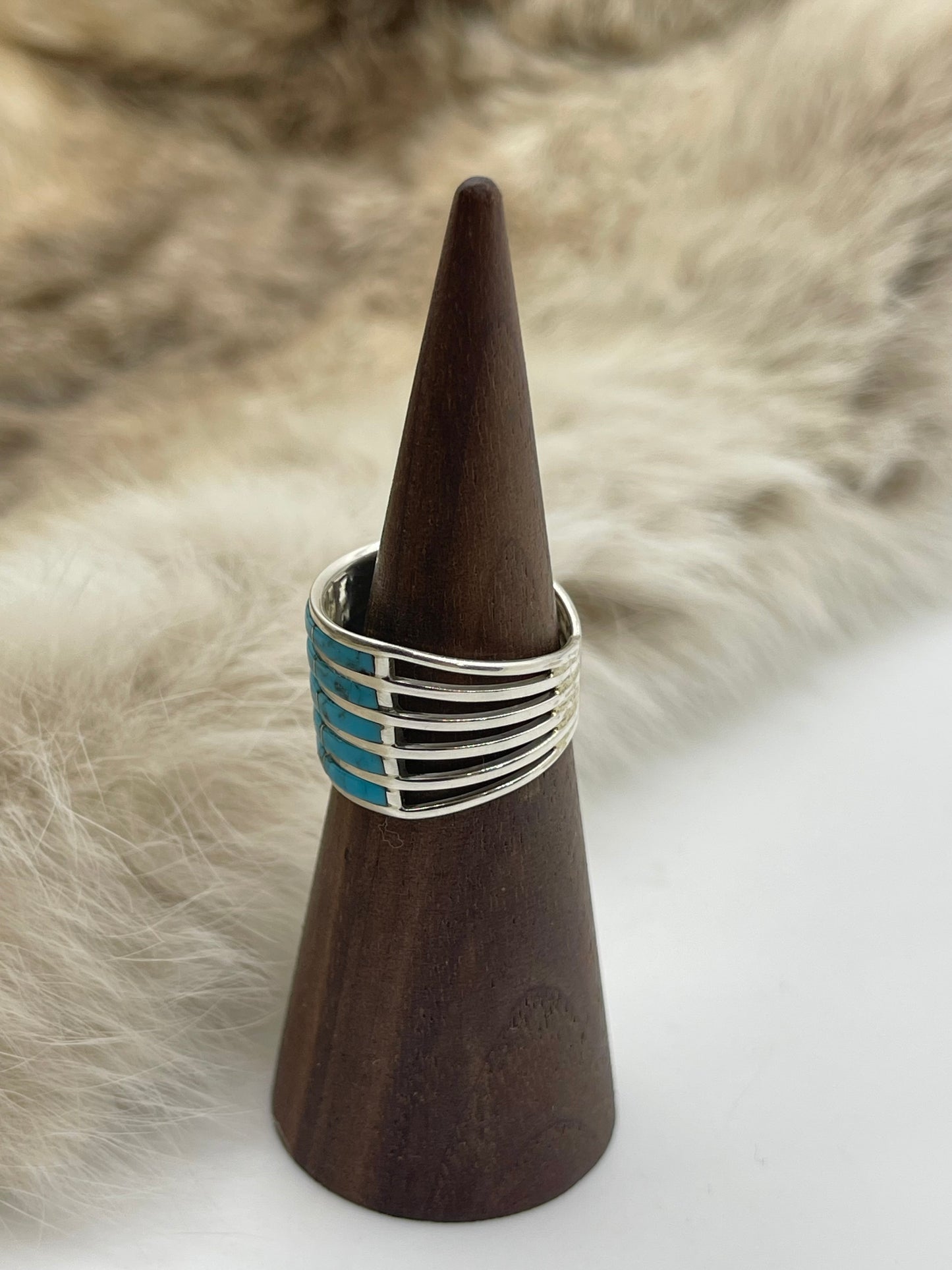 8.0 5 Row Turquoise Ring by Claresse Kyletewa, Zuni
