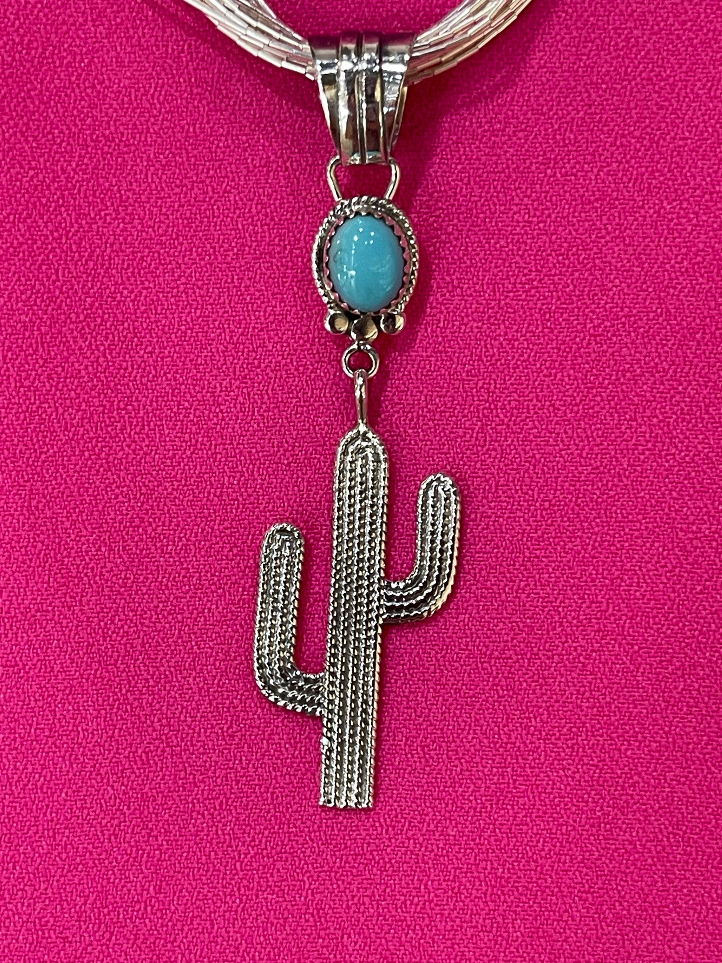 18" 20 Strand Liquid Silver Necklace with a Turquoise Cactus Pendant by Annie Spencer, Navajo