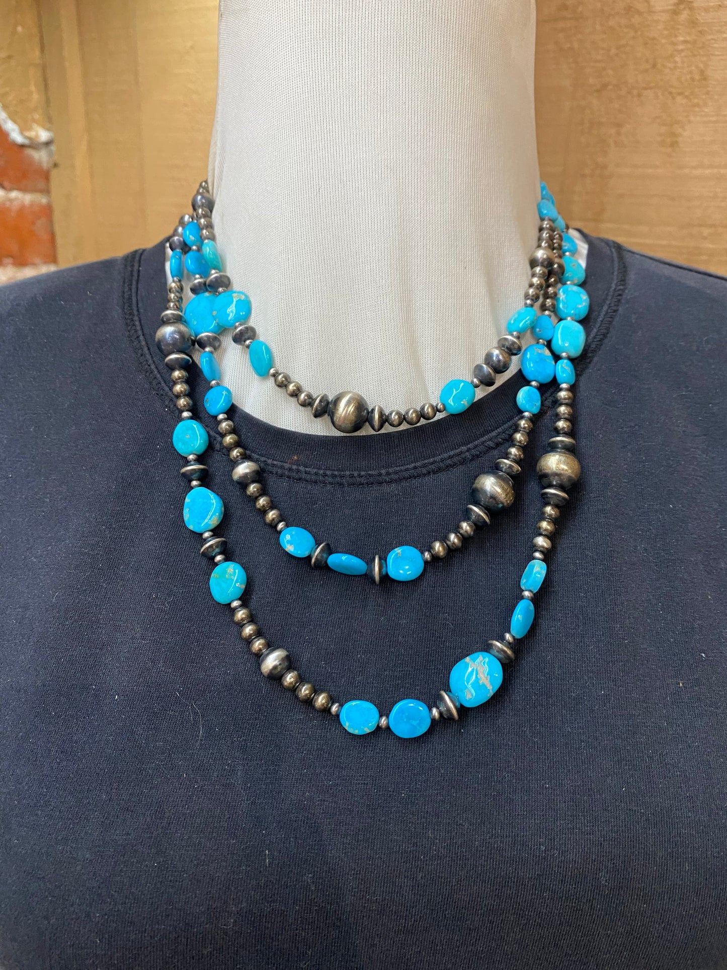 60" Graduated Navajo Pearls and Sleeping Beauty Turquoise Disc Beads
