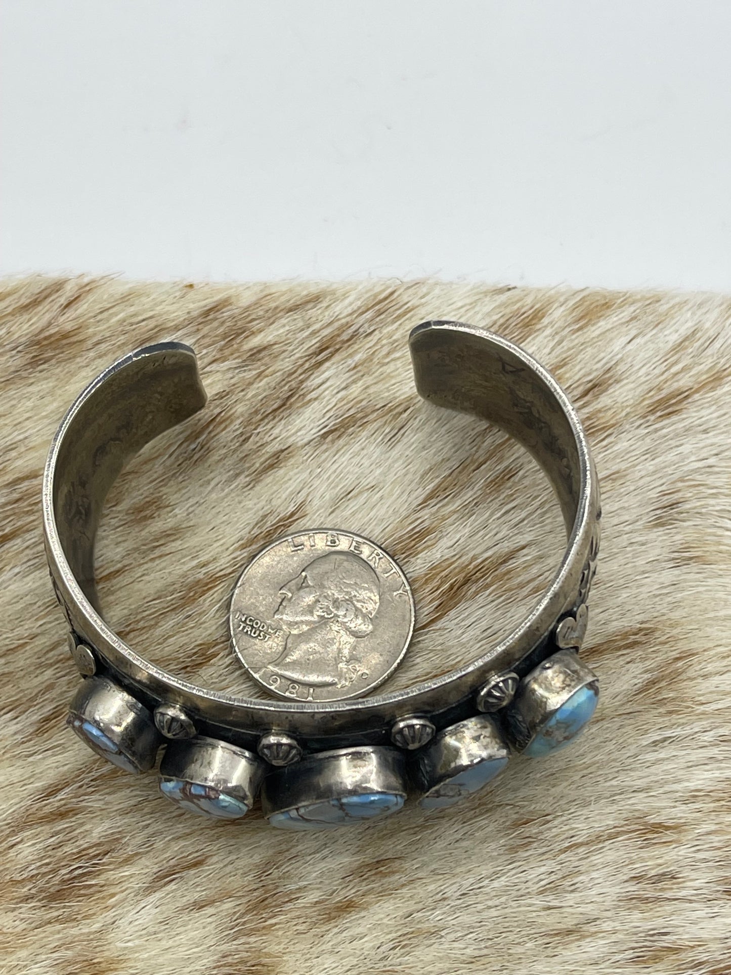 6 1/2"-6 3/4" 5 stone Golden Hills Turquoise Cuff by Boyd Ashley, Navajo