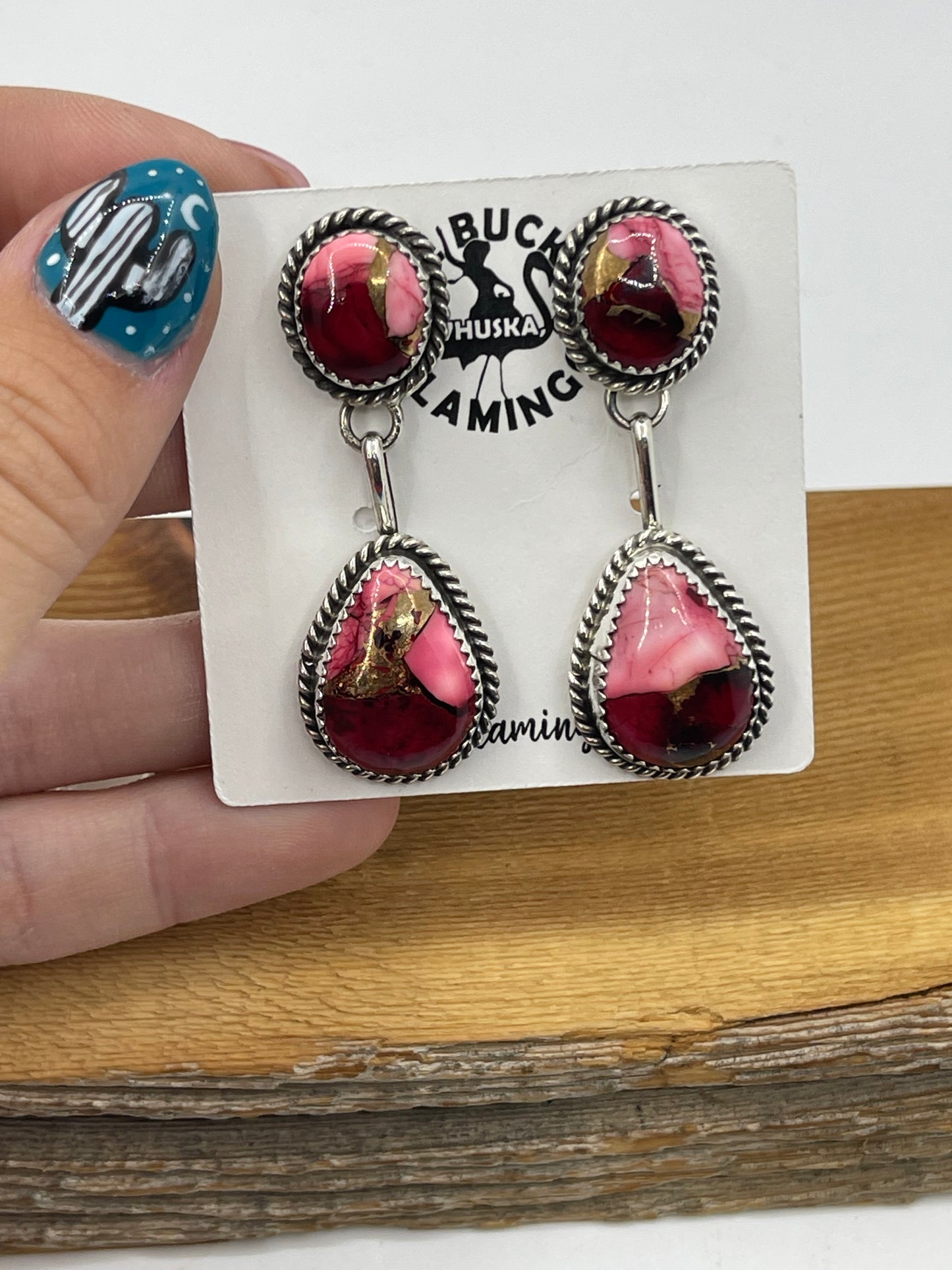 2 Stone Dahlia Rose Drop Post Dangle Earrings by Freda Martinez, Navajo