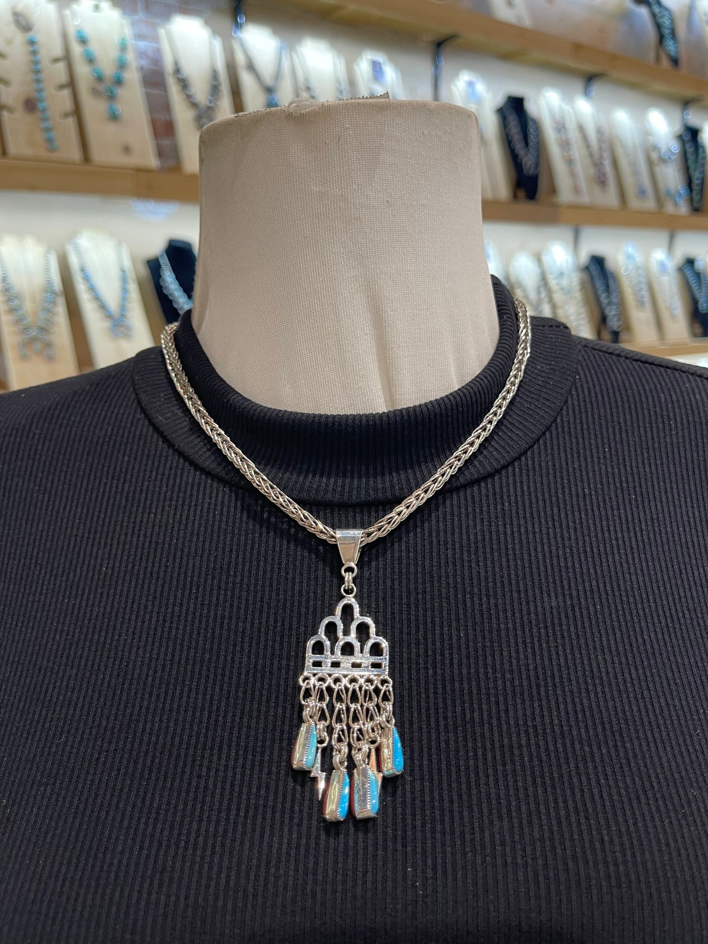 18" Handmade Chain Reversible Coral & Turquoise Rain Cloud Necklace by Smokey Gchachu, Zuni