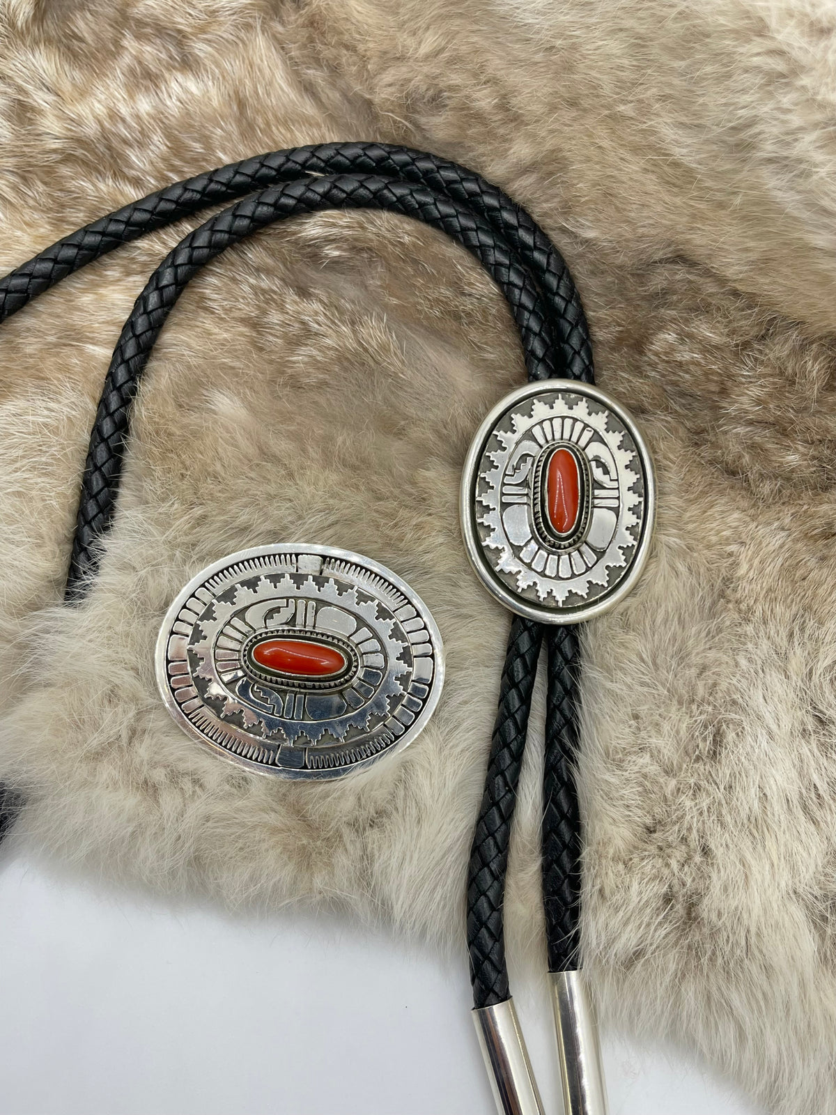 Red Coral Belt Buckle & Bolo Tie Set by Leonard Nez, Navajo
