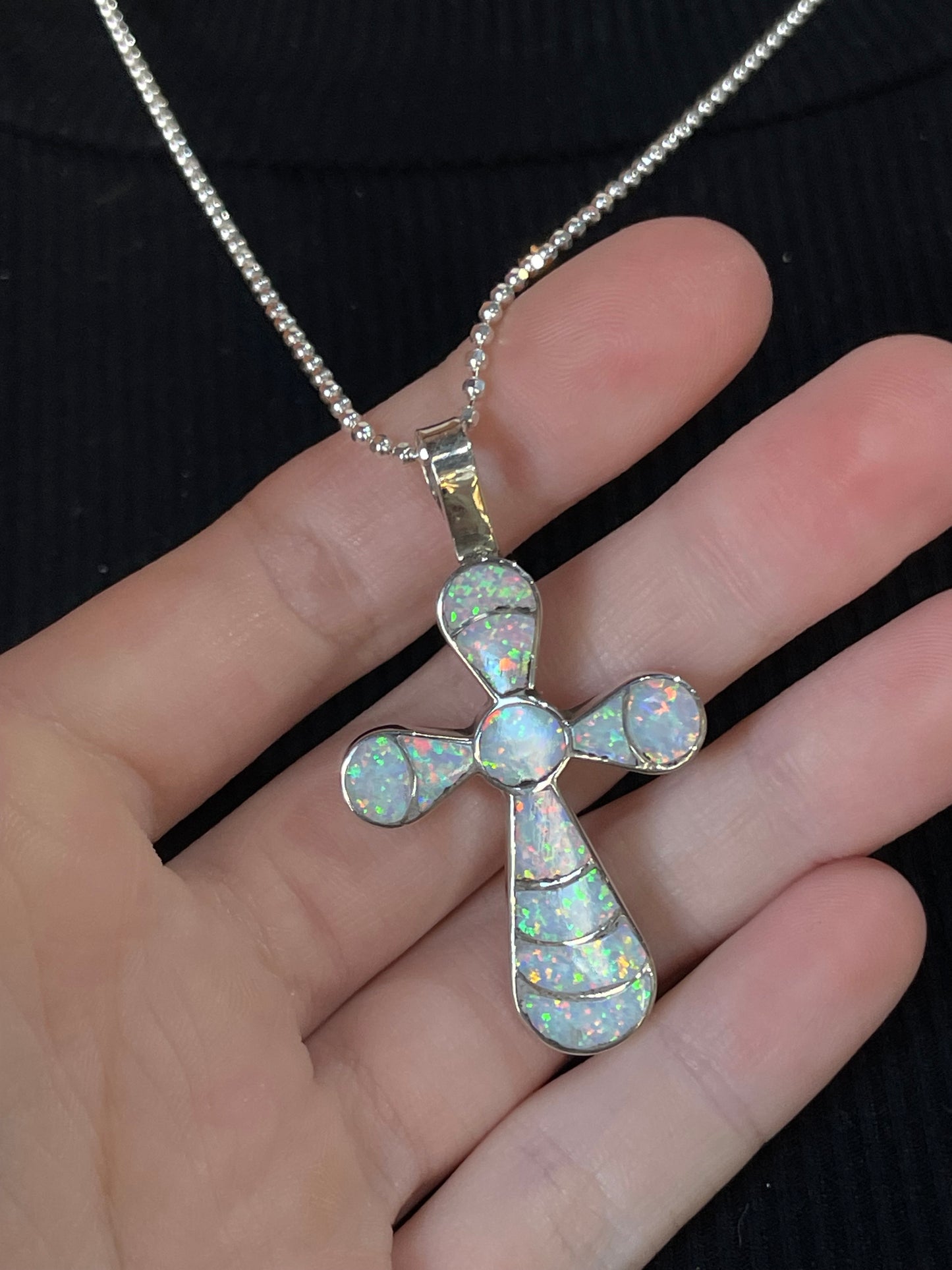 20" White Opal Fish Scale Inlay Cross Necklace Lynelle Johnson, Navajo