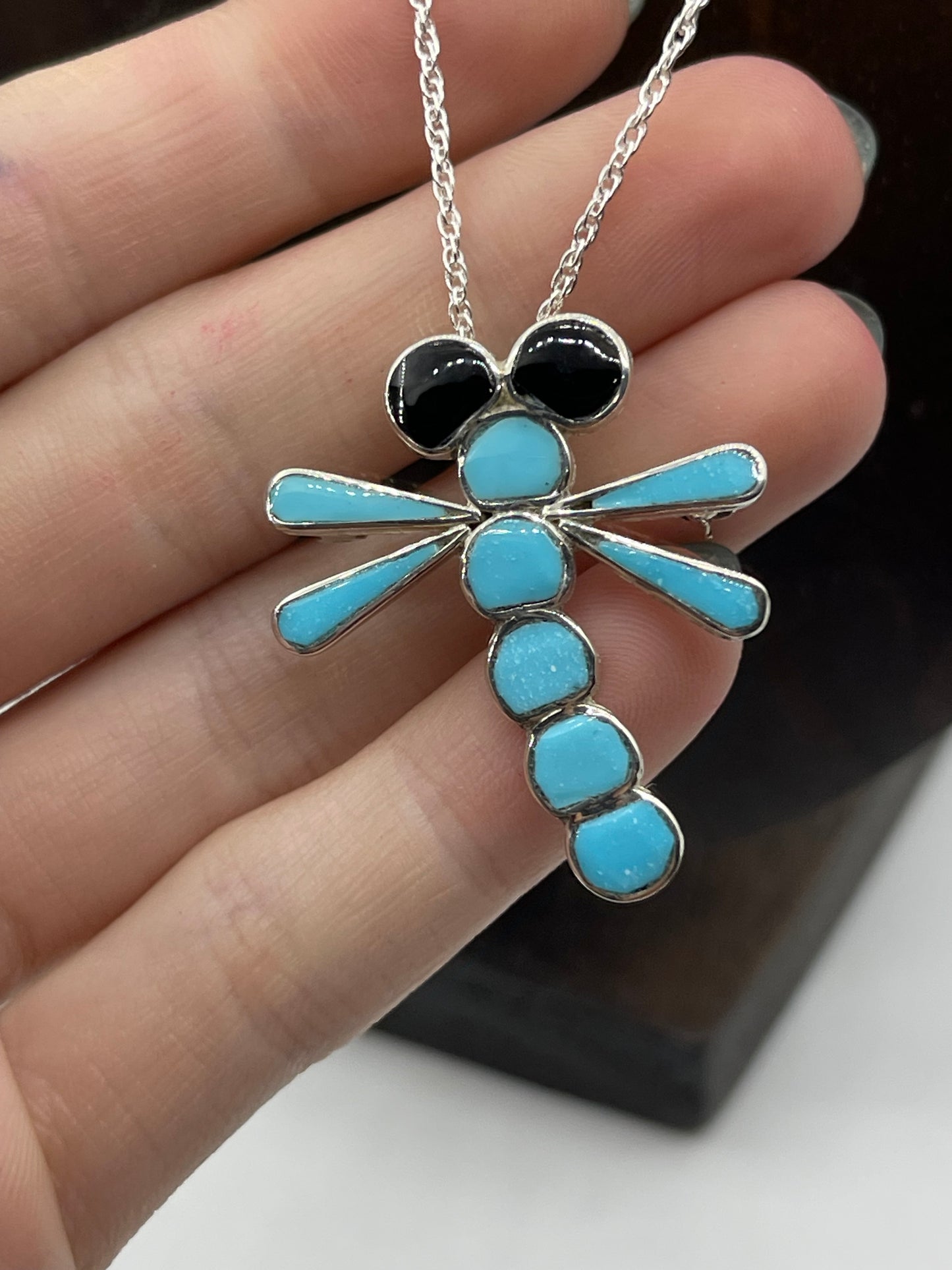 18" Turquoise Dragonfly Pendant/Pin Combo Necklace by Emma Edaakie, Zuni