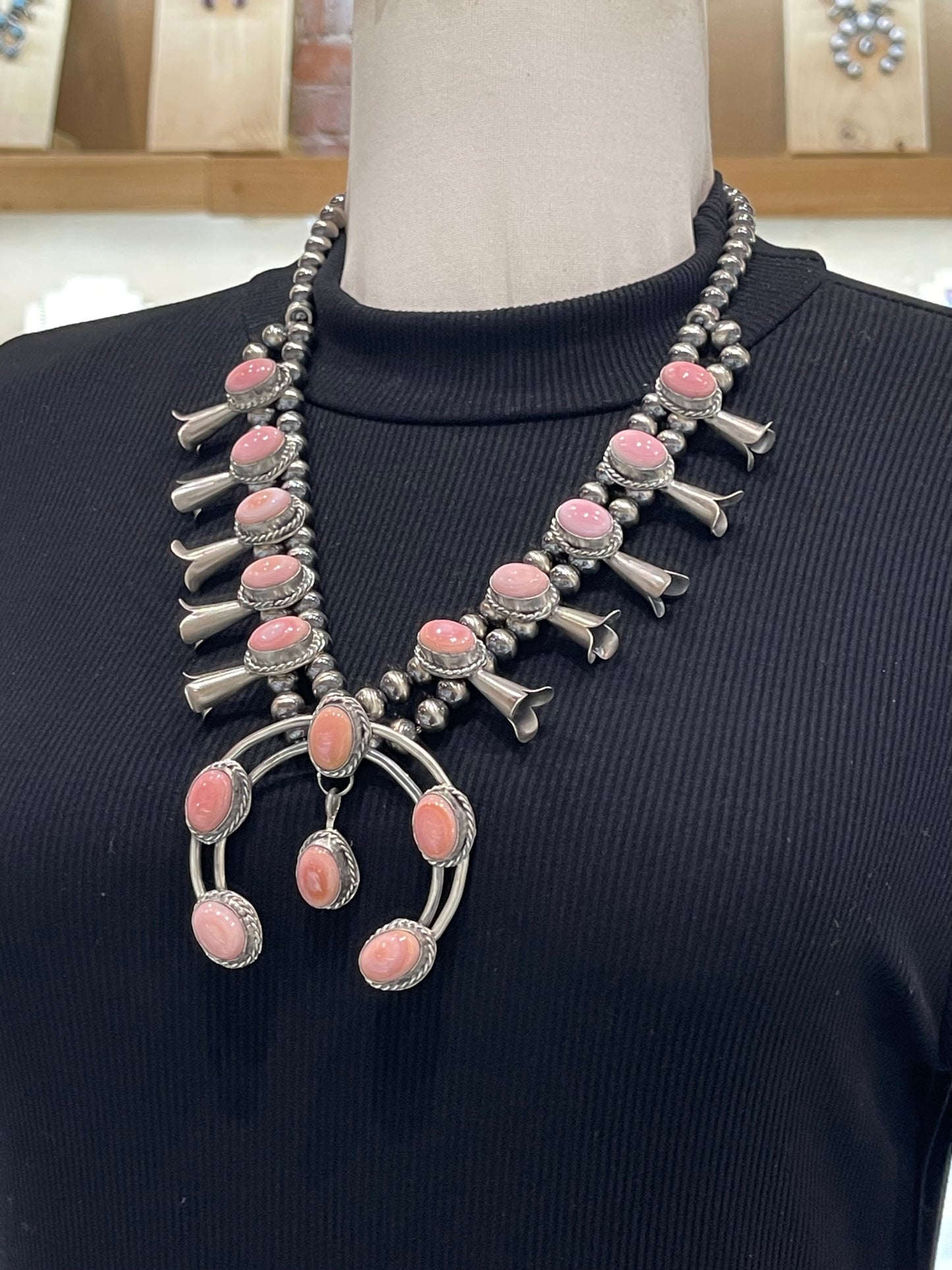 24" Pink Conch Shell Squash Blossom by Gilbert Nez, Navajo