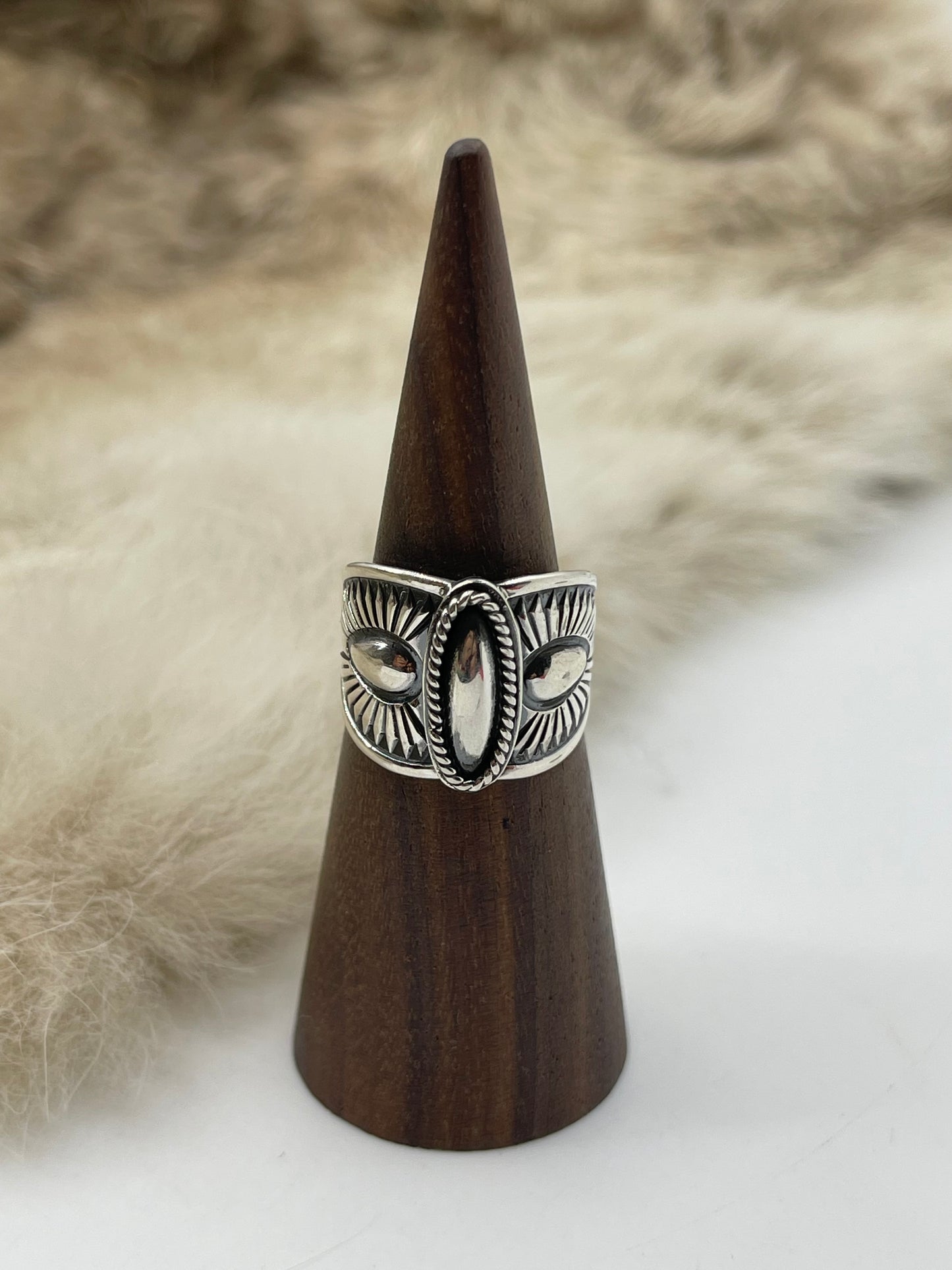 8.0 All Silver Concho Style Ring by Derrick Gordon, Navajo