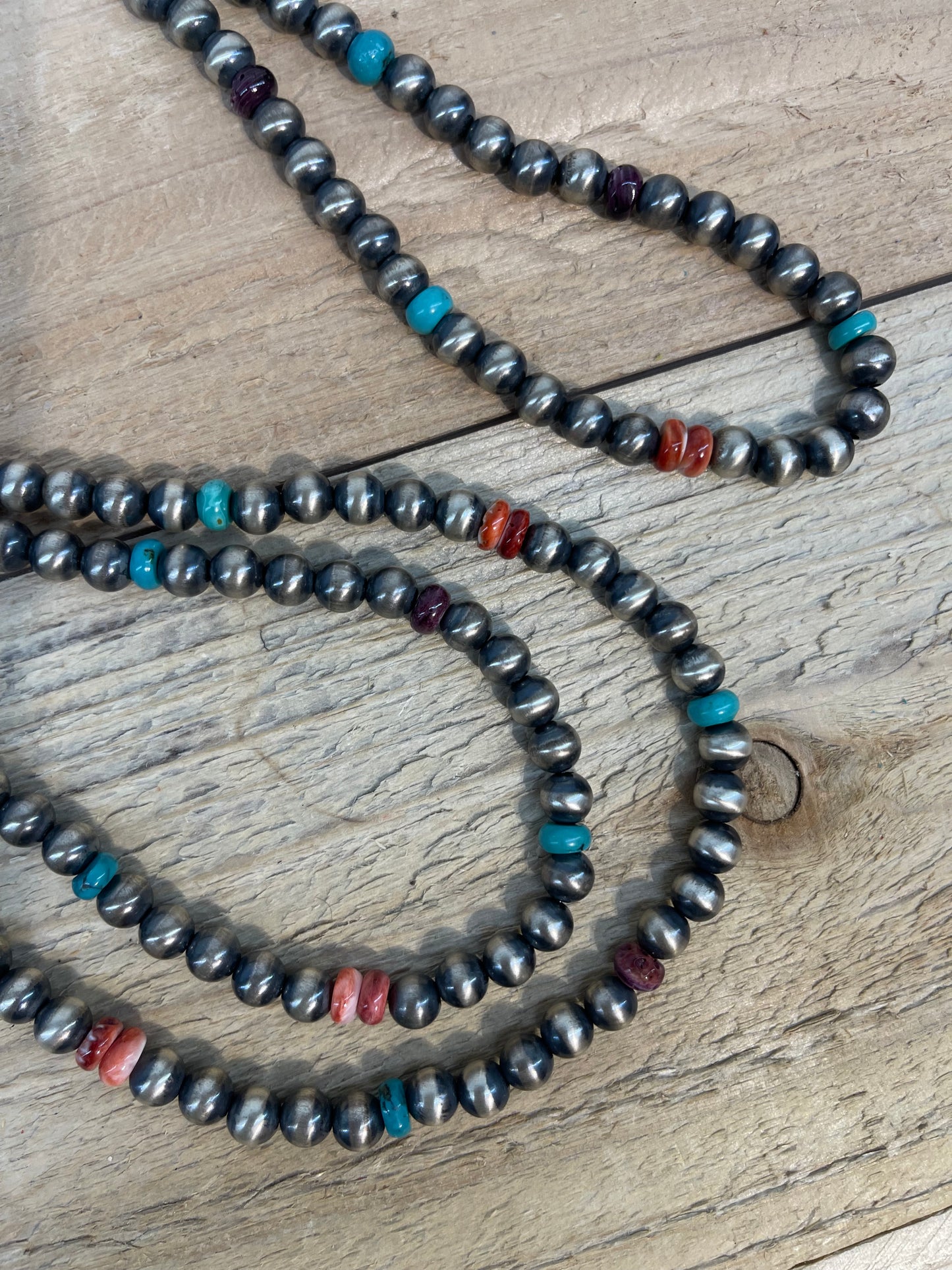 60" 8mm Navajo Pearls, Turquoise, and Spiny Oyster Shell Necklace