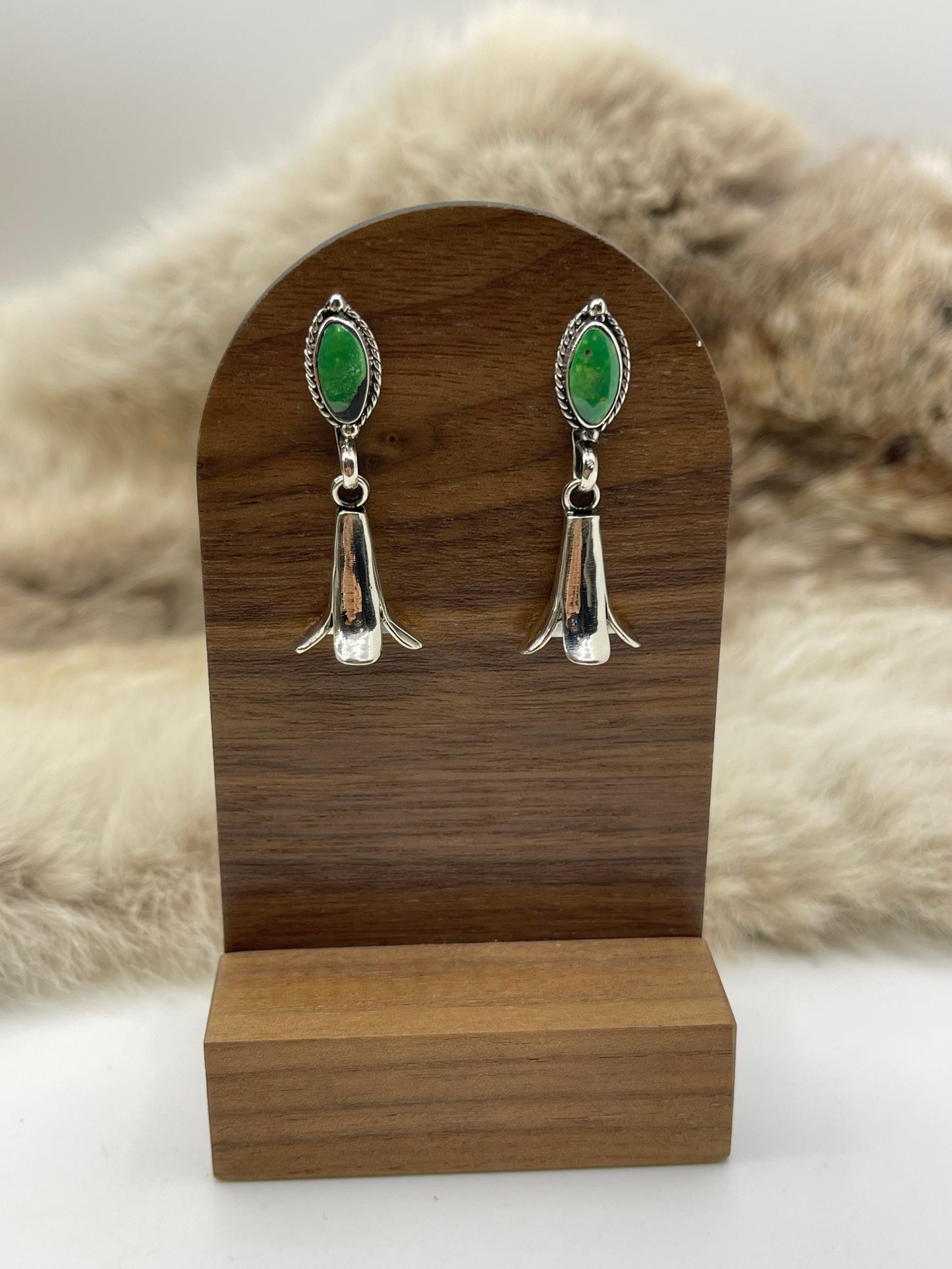 Green Turquoise Half Blossom Earrings by Ryntanna Yazzie, Navajo