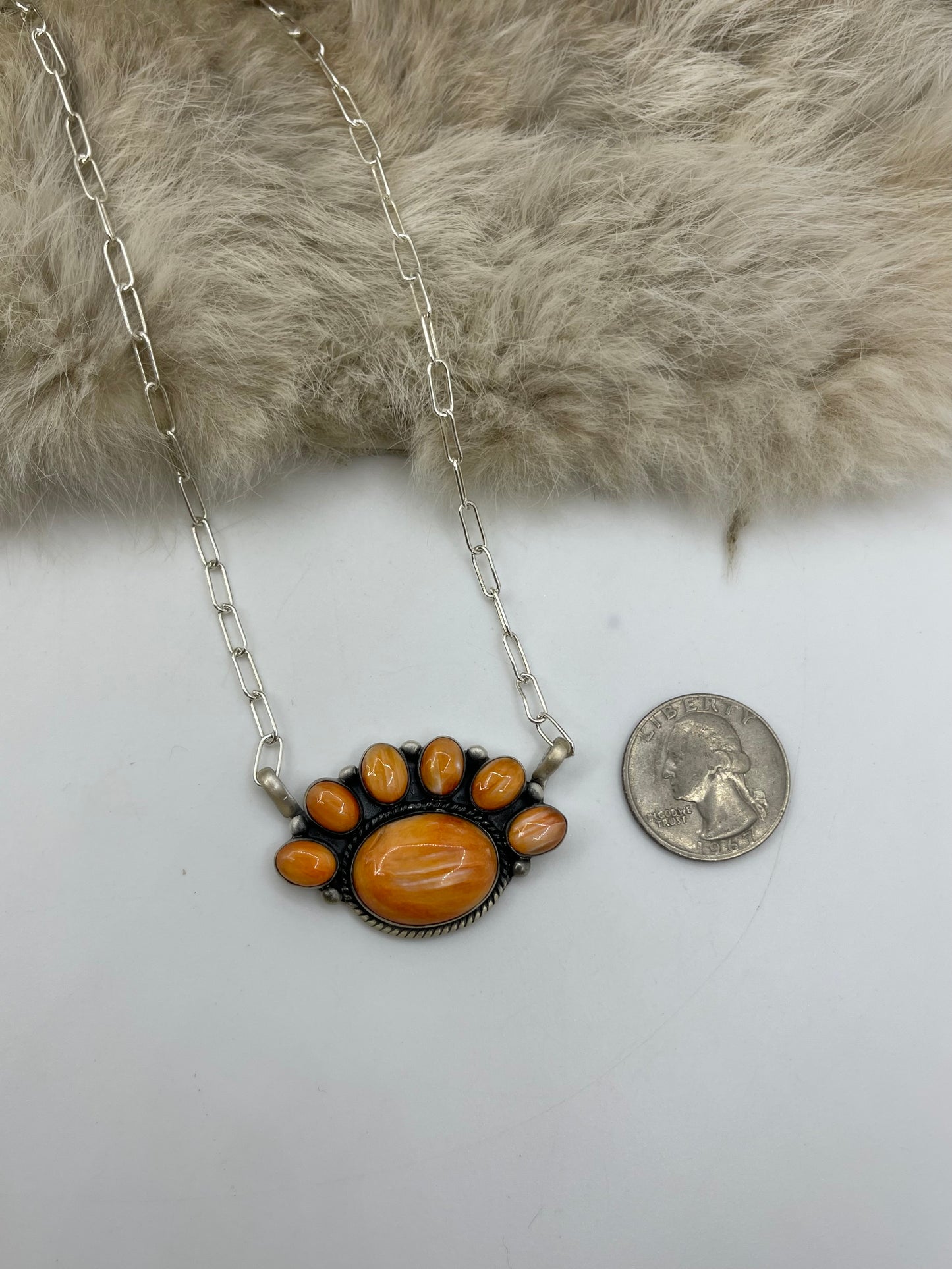 16" Orange Spiny Oyster Shell Half Cluster Necklace