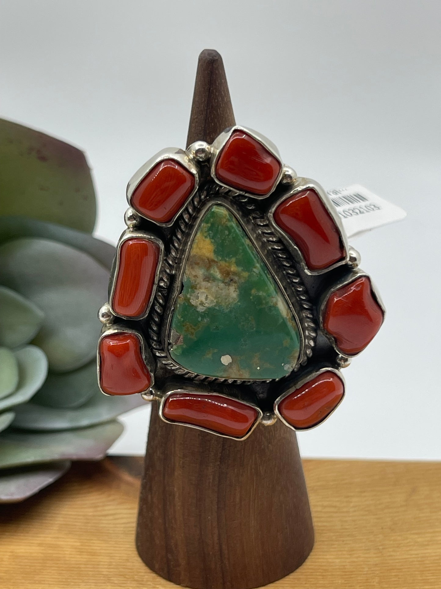Adjustable Royston Turquoise and Red Coral Ring