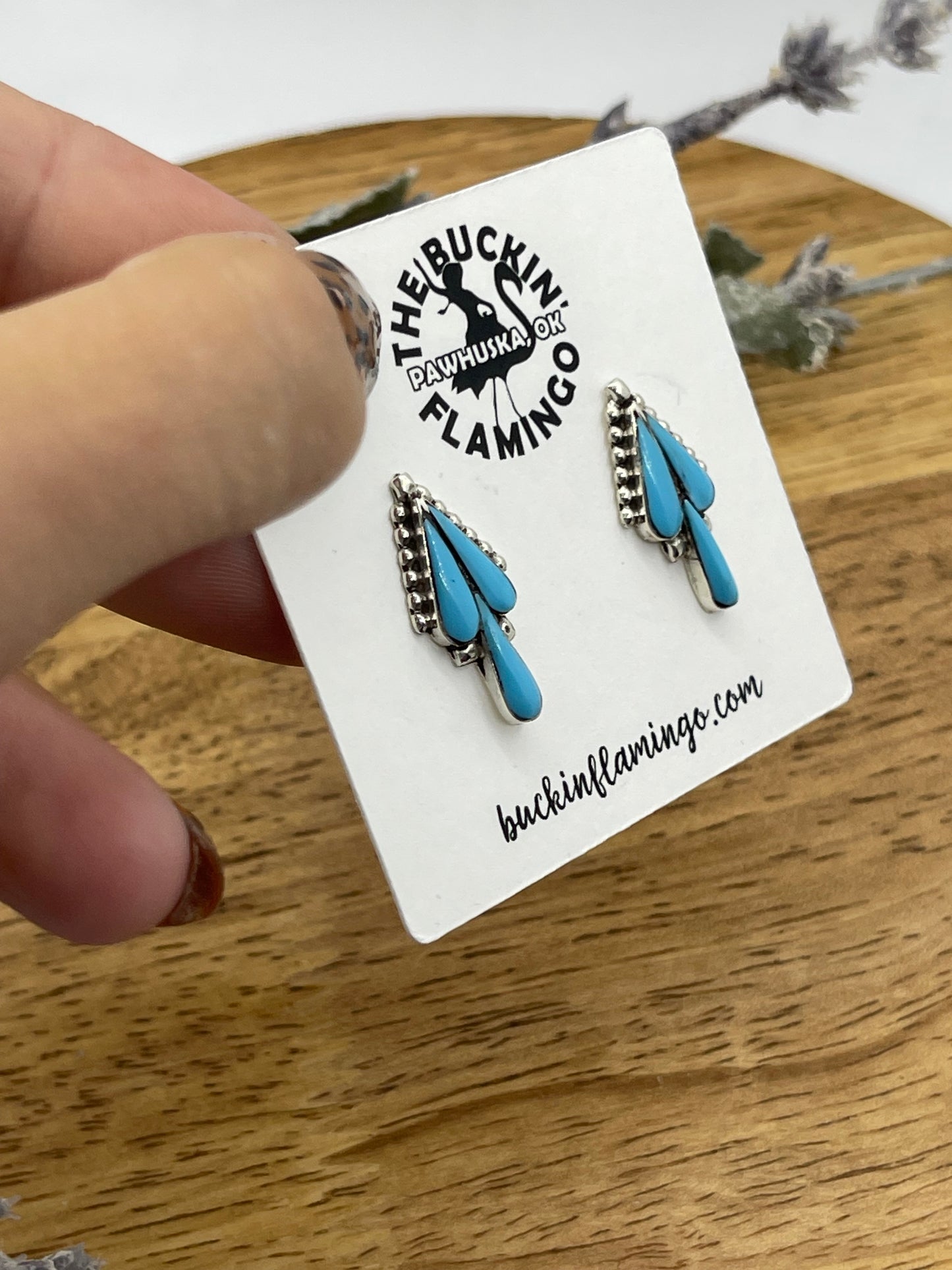 3 Stone Turquoise Teardrop Post Earrings by Vincent Hooee, Zuni