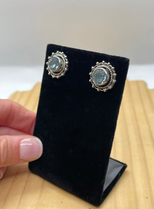 Blue Topaz Circle Post Earrings by James Many Goats, Navajo