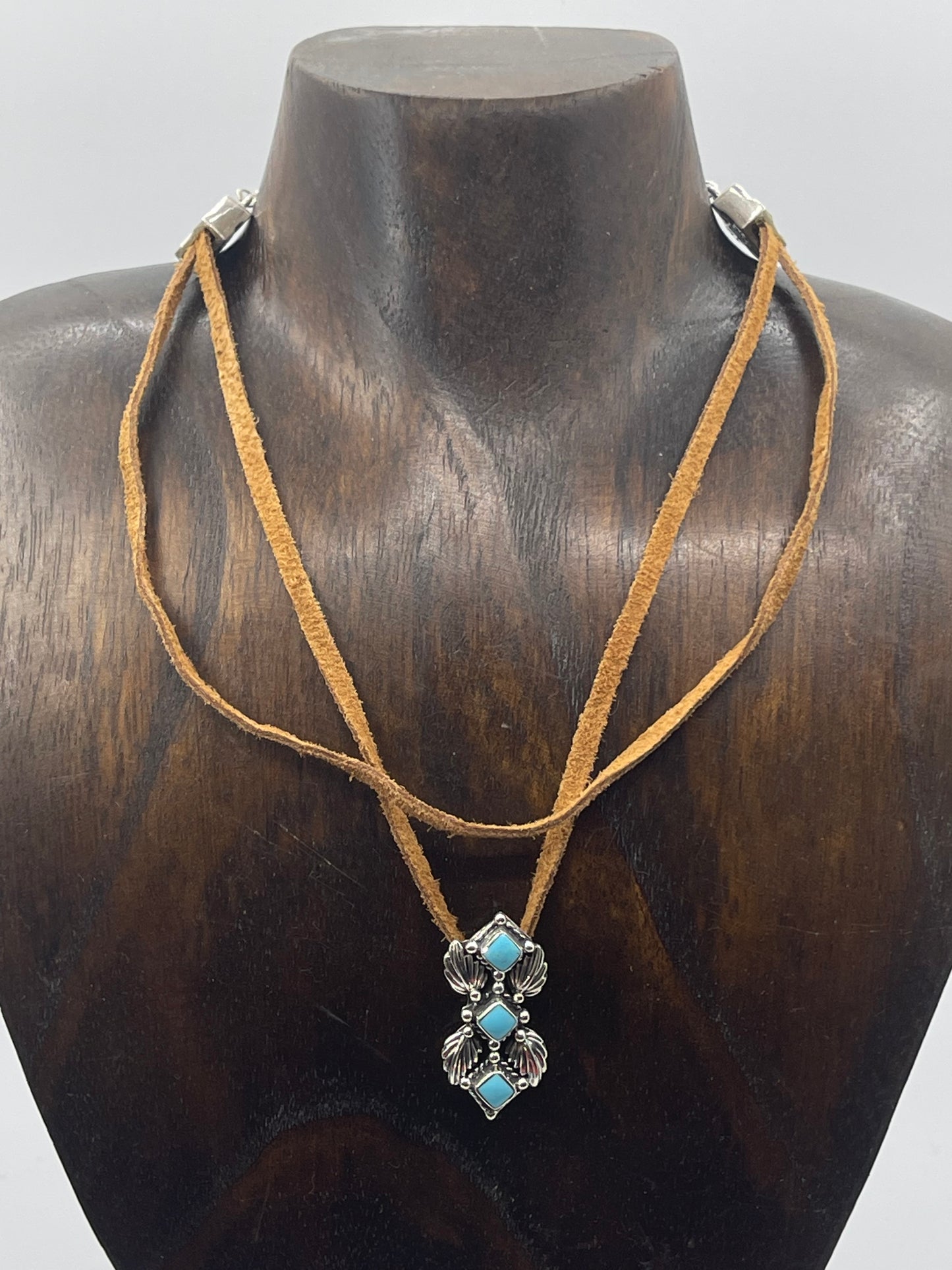 12"+3" Leather Necklace with Turquoise Pendant
