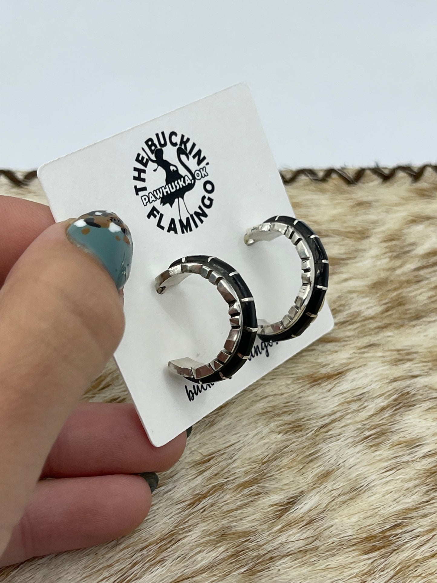 Black Onyx Post Hoop Earrings by Sheldon Lalio, Zuni