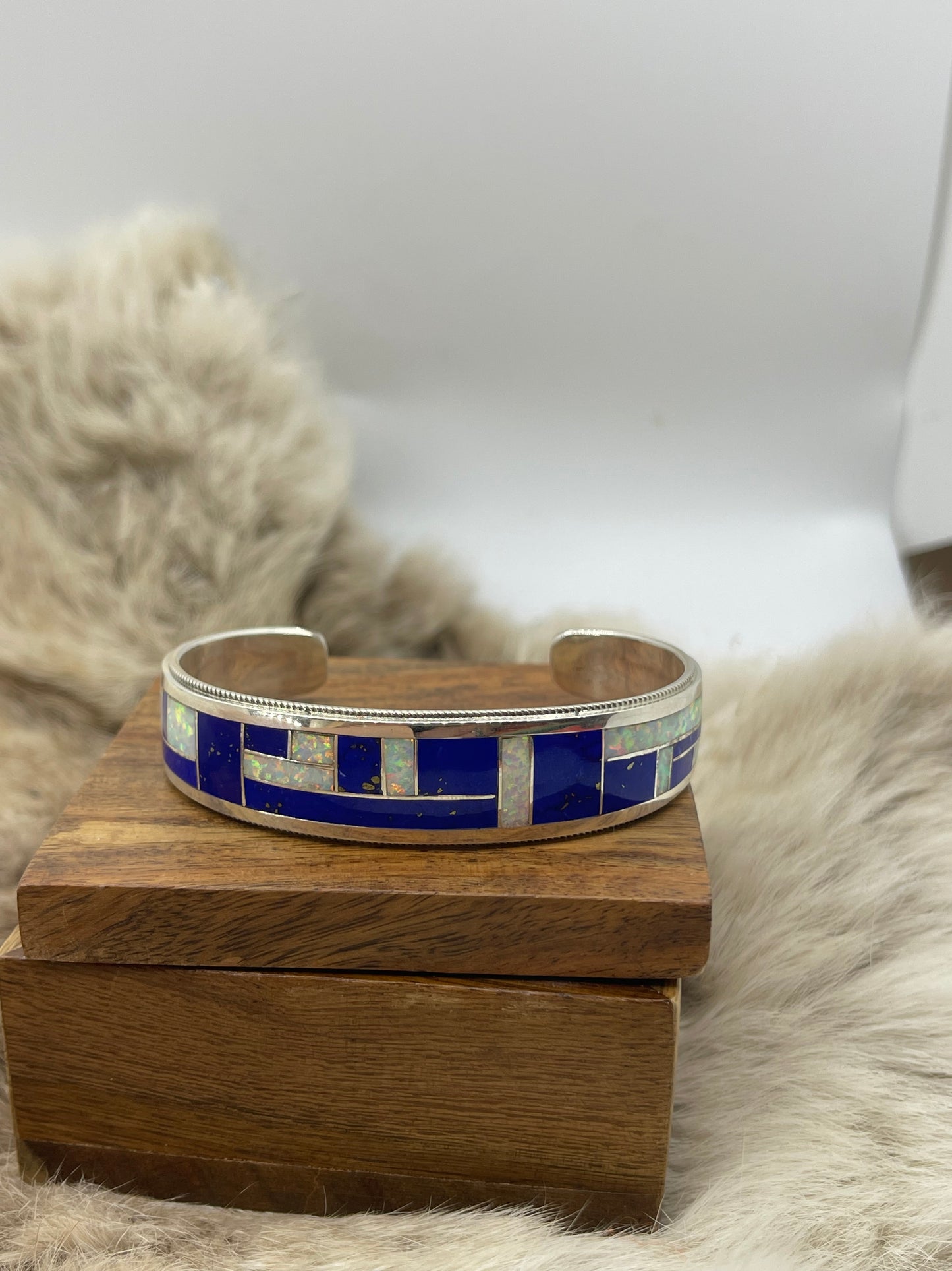 6.75" Blue Lapis & White Opal Inlay by Glendora Booga