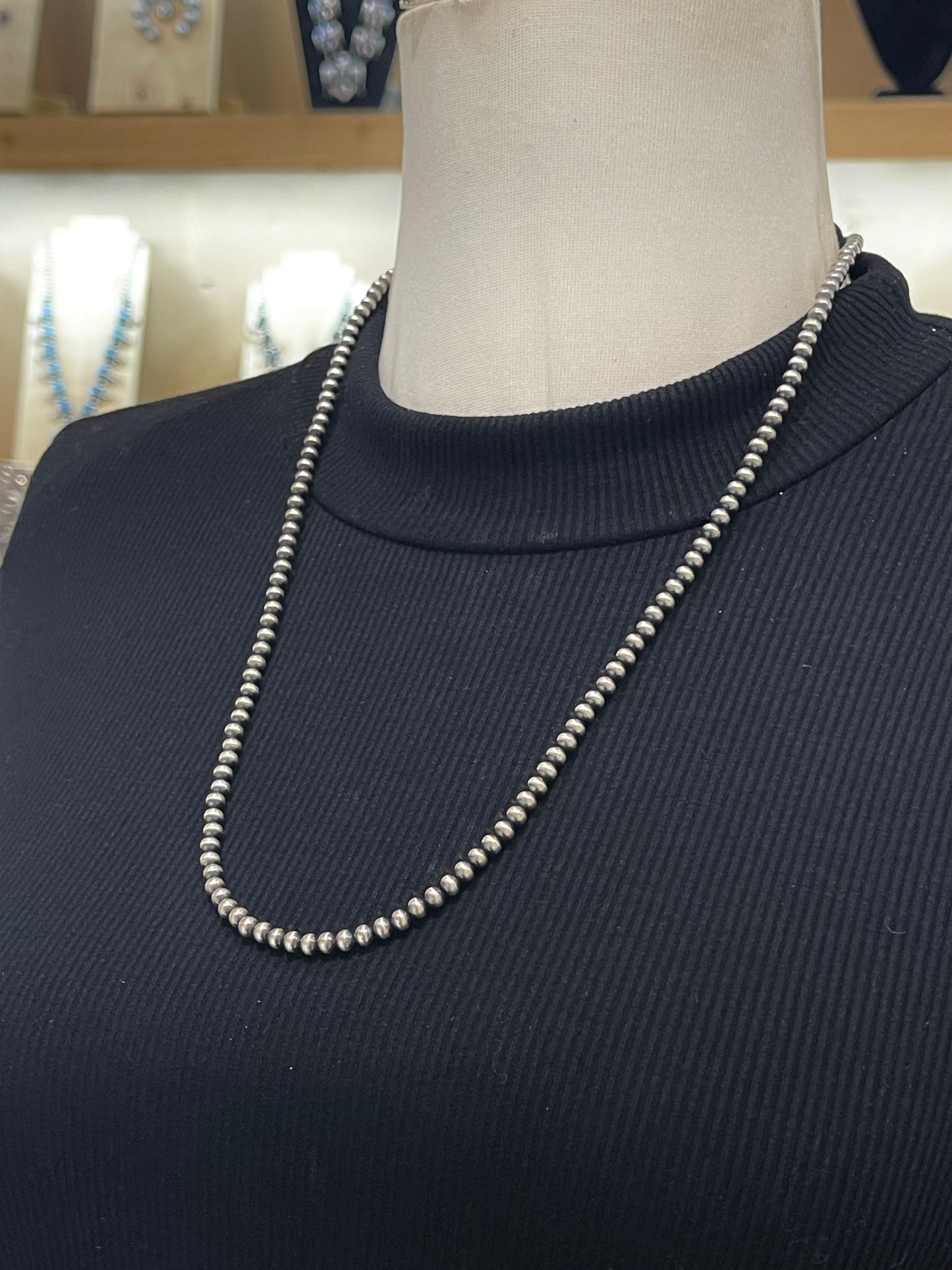 24” 4mm Navajo Style Pearl Necklace Strung by Louise Joe, Navajo