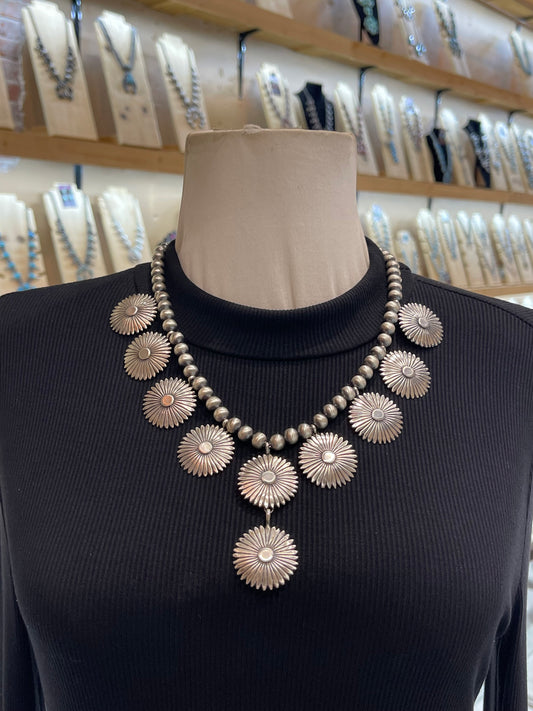 20” 8mm Concho Lariat-Style Necklace with Handmade Navajo Pearls by Rita Largo, Navajo