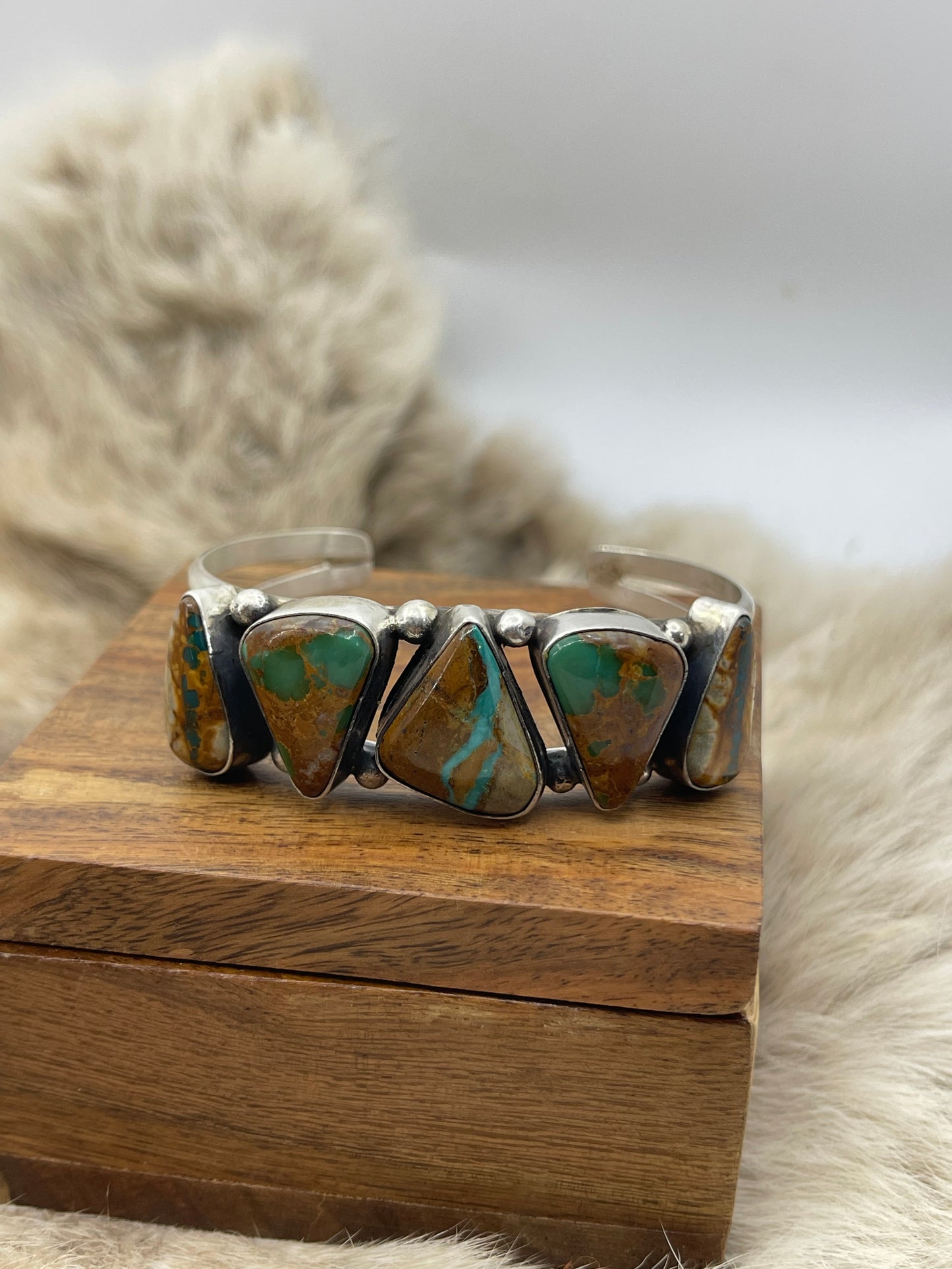 Boulder Turquoise 5 Stone Cuff by Augustine Largo, Navajo 5.5"-7"