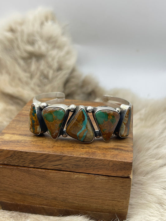 Boulder Turquoise 5 Stone Cuff by Augustine Largo, Navajo 5.5"-7"