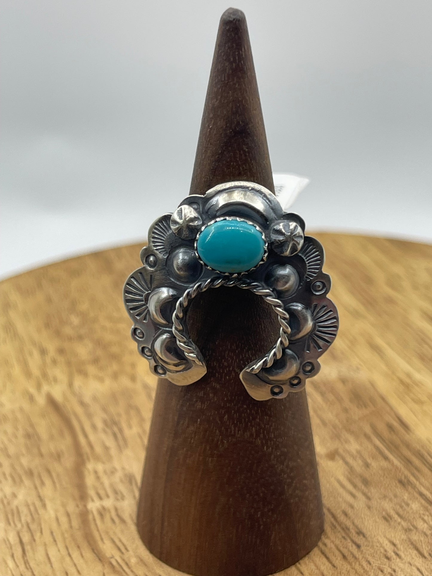 Adjustable 8.0-14.0 Turquoise Concho Naja Ring by Tim Yazzie, Navajo