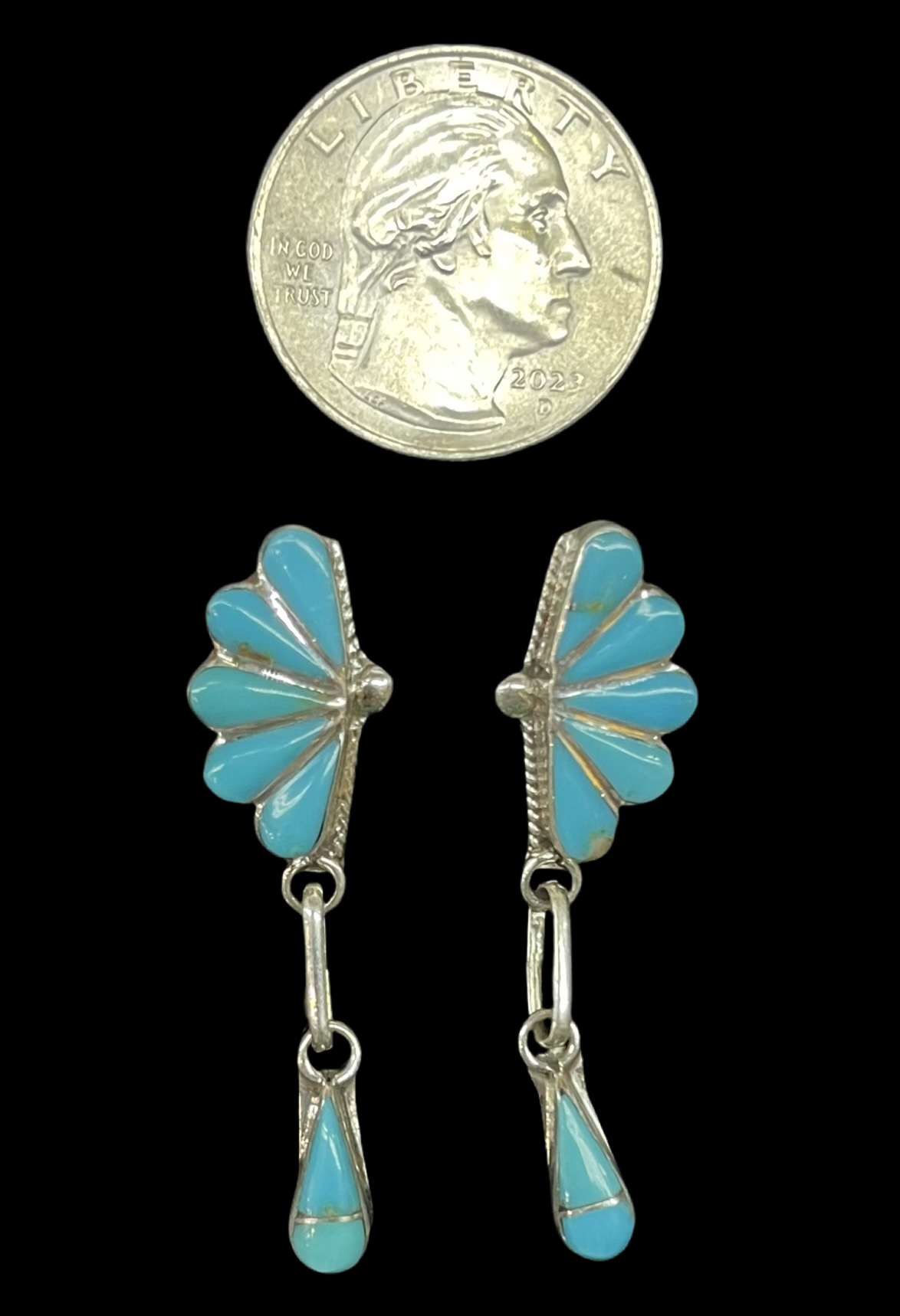 Sleeping Beauty Turquoise Inlay Post Dangles by Velda Nastacio, Zuni