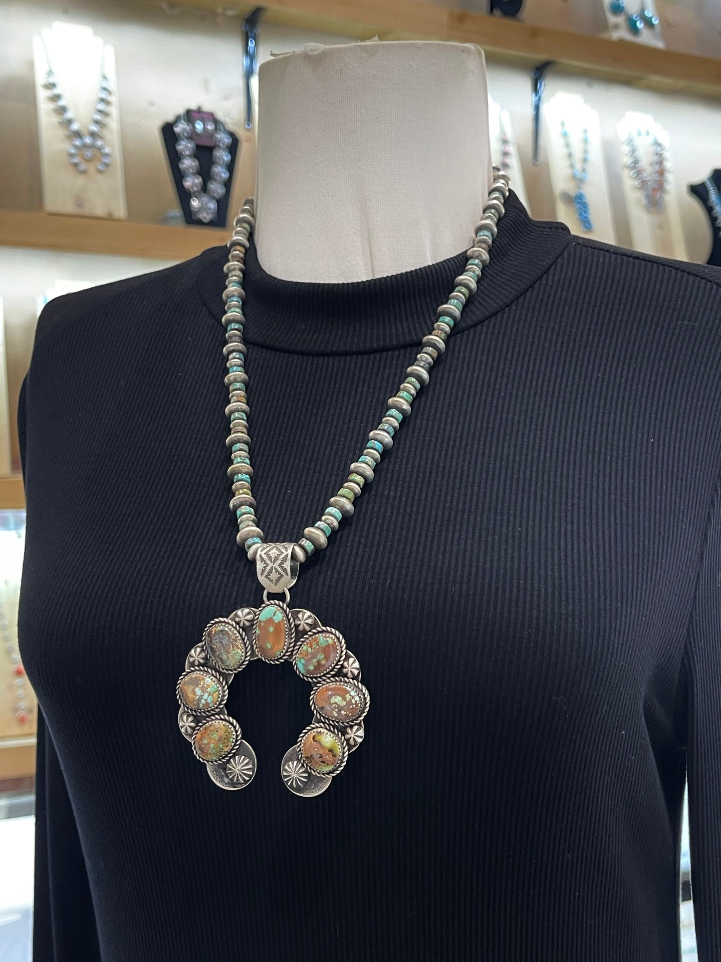 24” Handmade Navajo Pearls Reversible 2mm Bail Mercury Dimes Turquoise Naja Pendant by James Begay, Jr., Navajo