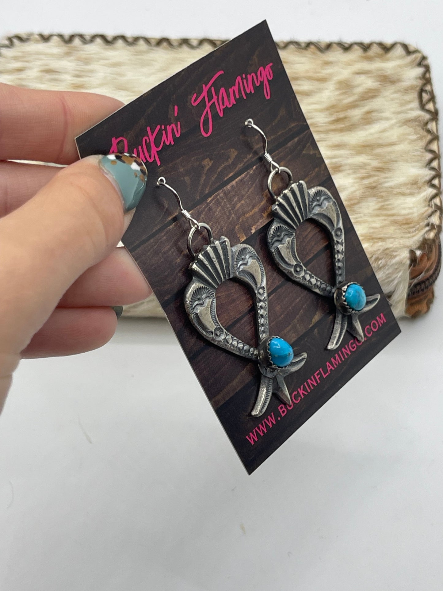 Tufa Cast Naja Turquoise Dangle Earrings by Eva and Linberg Billah, Navajo