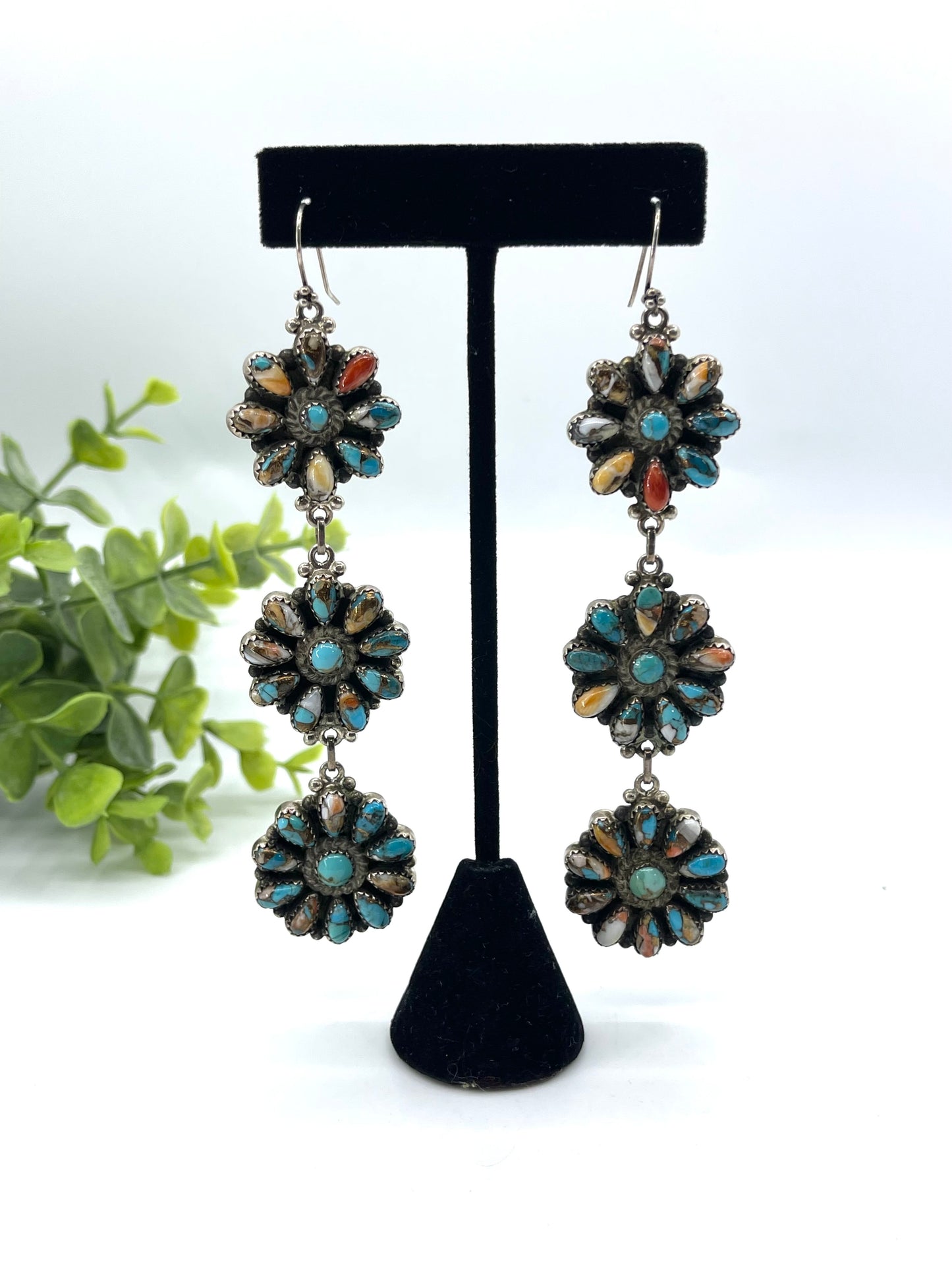 Orange Crush 3 Cluster Long Dangle Earrings