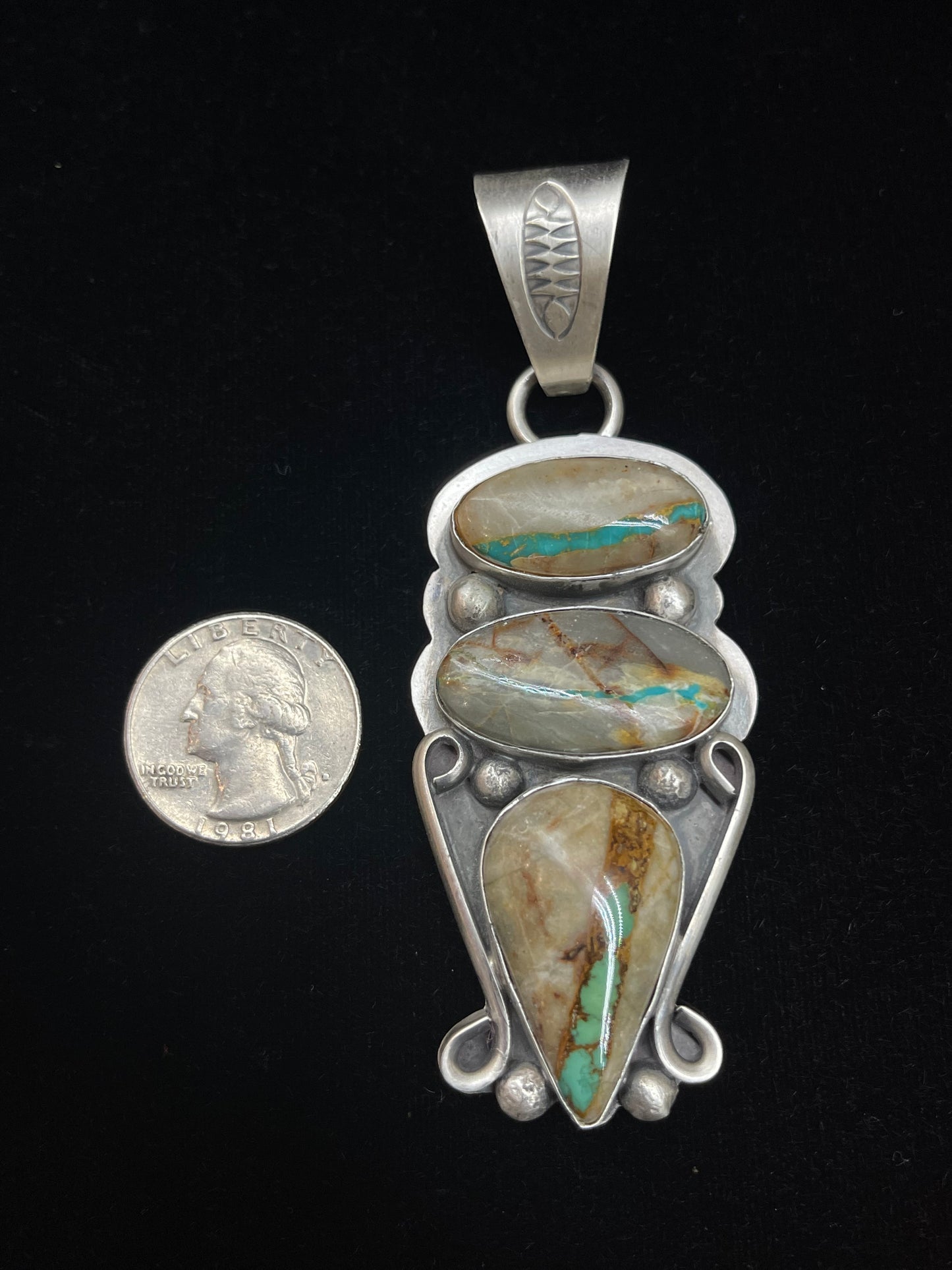 12.7mm Bale 3 Stone Boulder Ribbon Turquoise Pendant by Delbert Secatero, Navajo