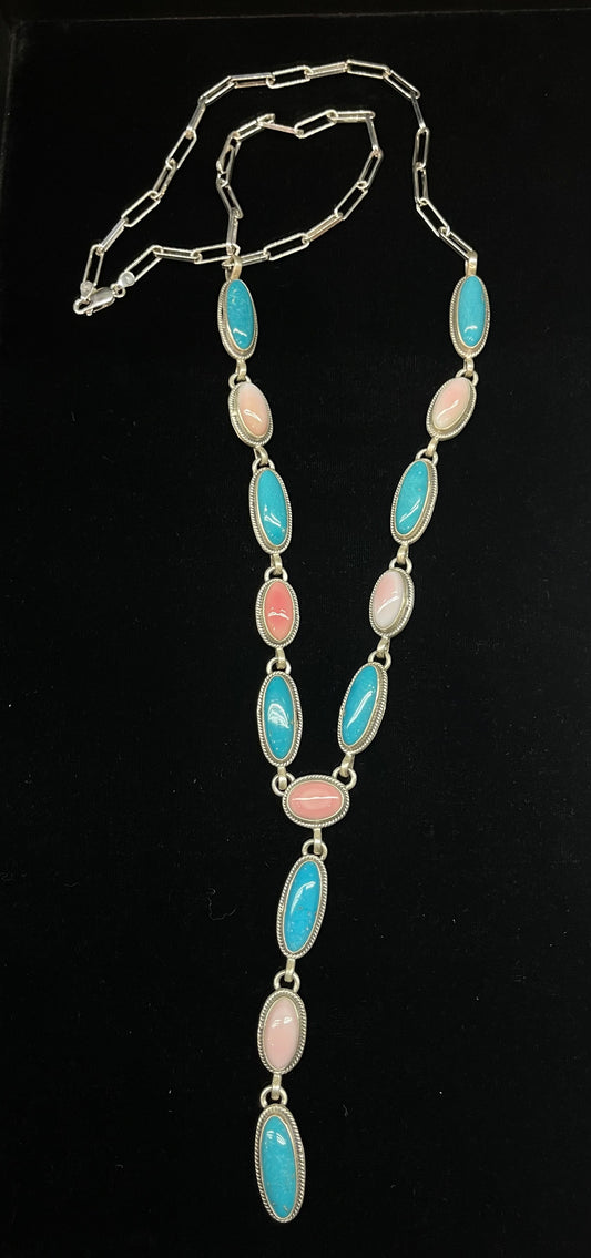 30" Pink Conch Shell and Turquoise Oval Lariat Necklace by Zia