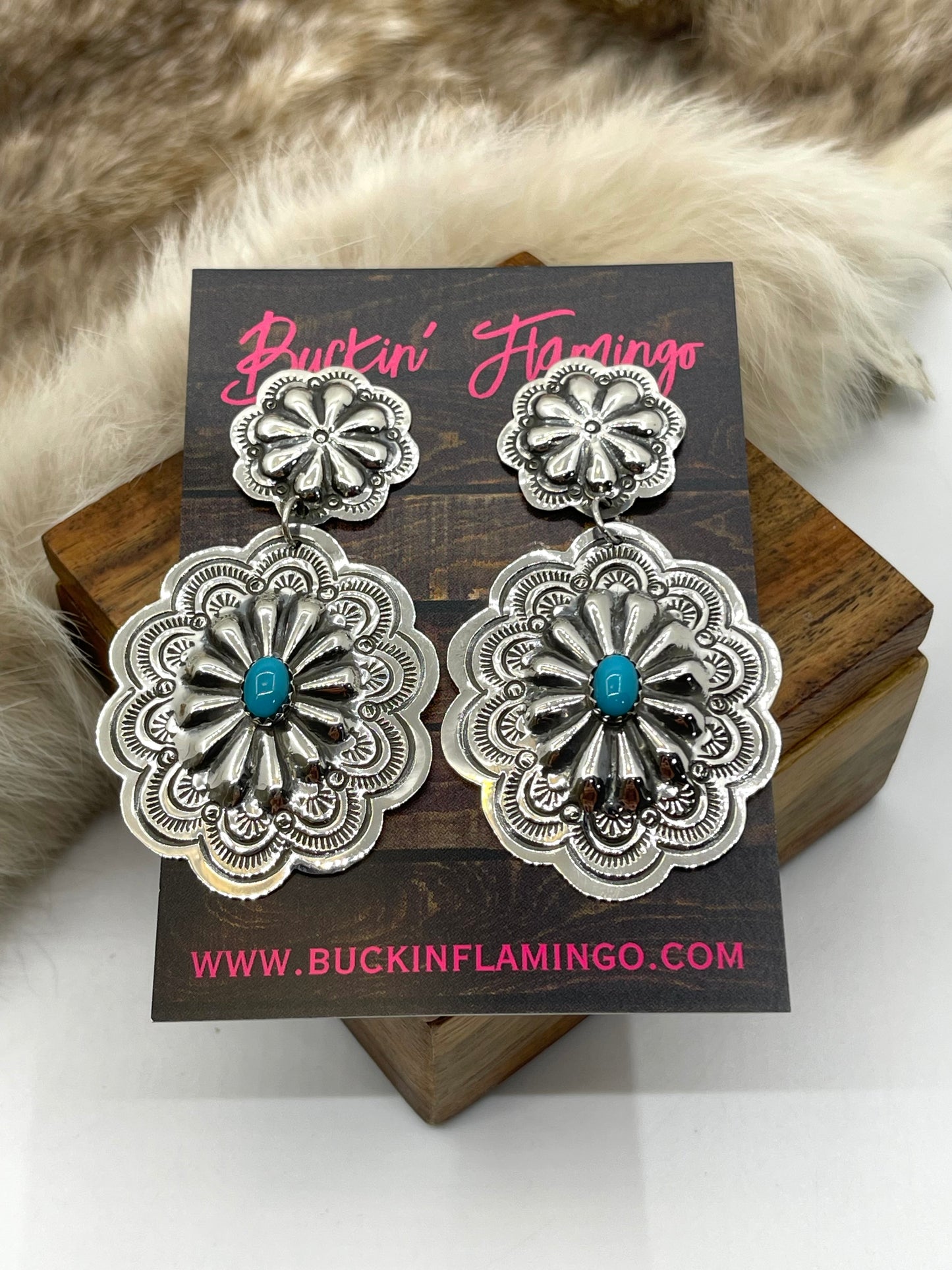 Double Concho Post Dangles with Turquoise by Genevieve Blackgoat, Navajo