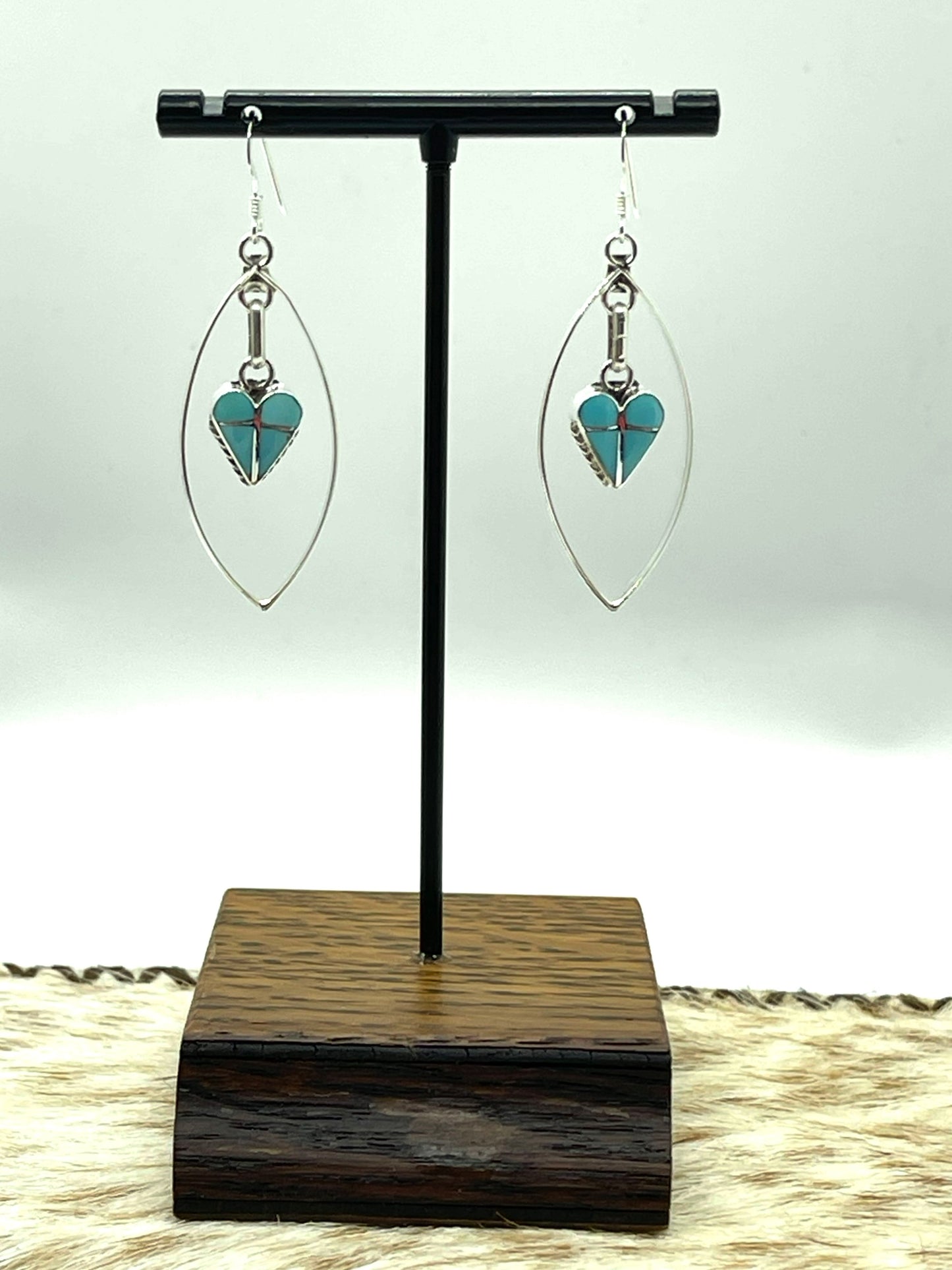 Heart Turquoise Inlay Dangle Earrings by Velda Nastacio, Zuni